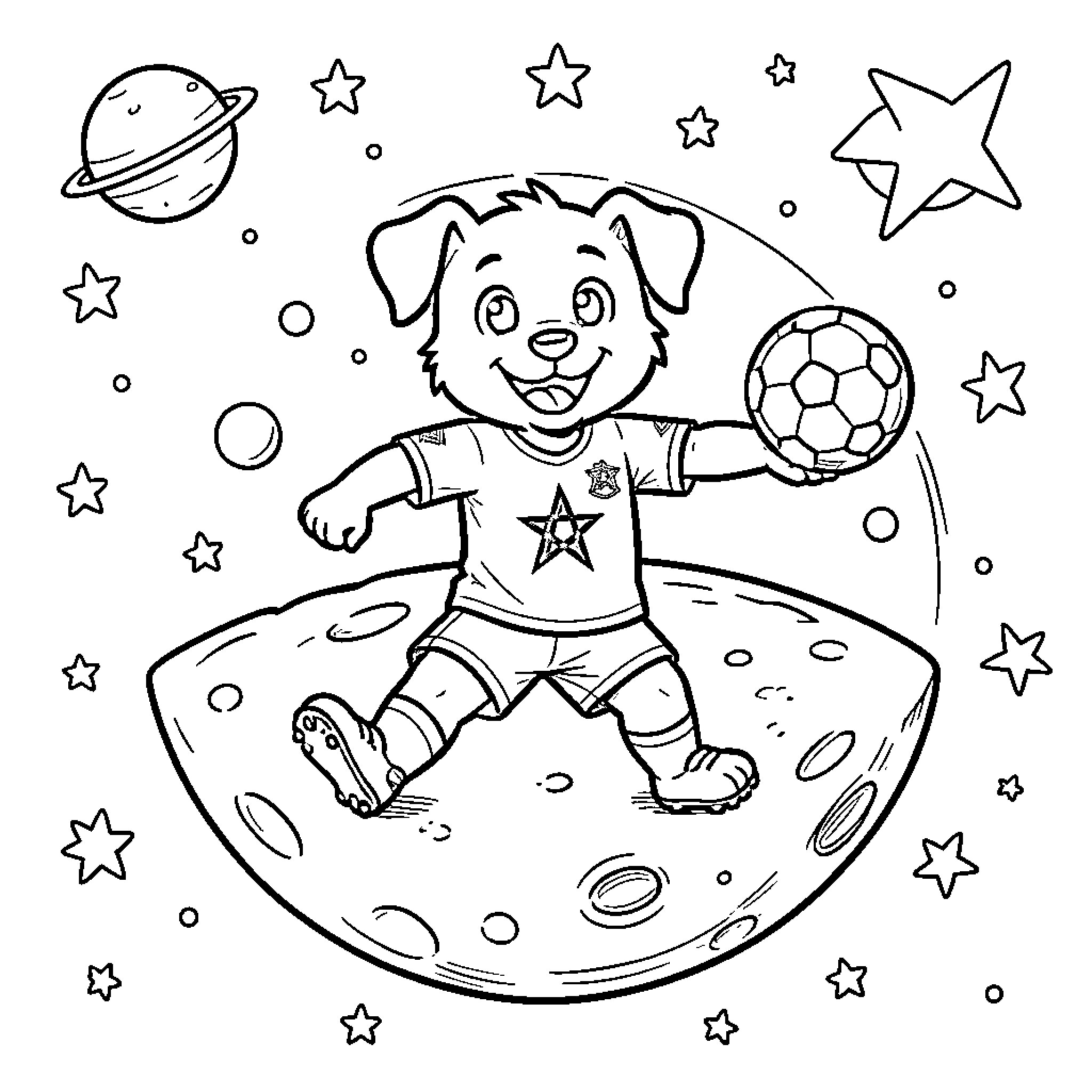 Dog playing soccer on the moon among stars Coloring Page (free black-and-white line drawing printable PDF for all, from beginners to advanced learners, including children, teens, adults, and seniors)