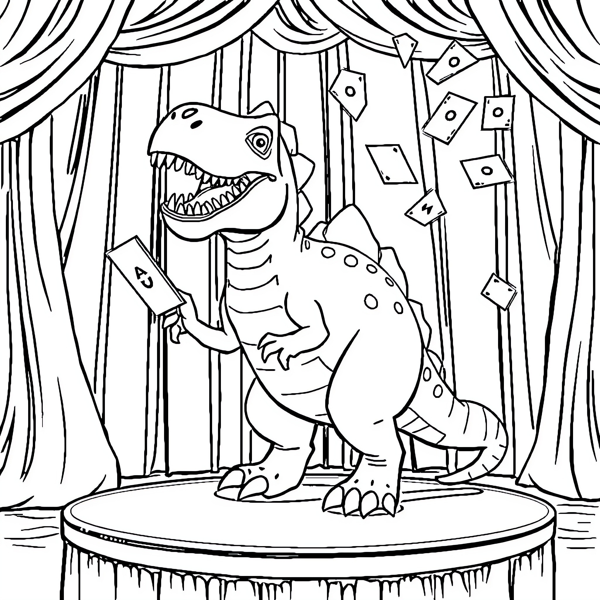 Dinosaur Performer on Stage with Curtain Coloring Page (free black-and-white line drawing printable PDF for all, from beginners to advanced learners, including children, teens, adults, and seniors)
