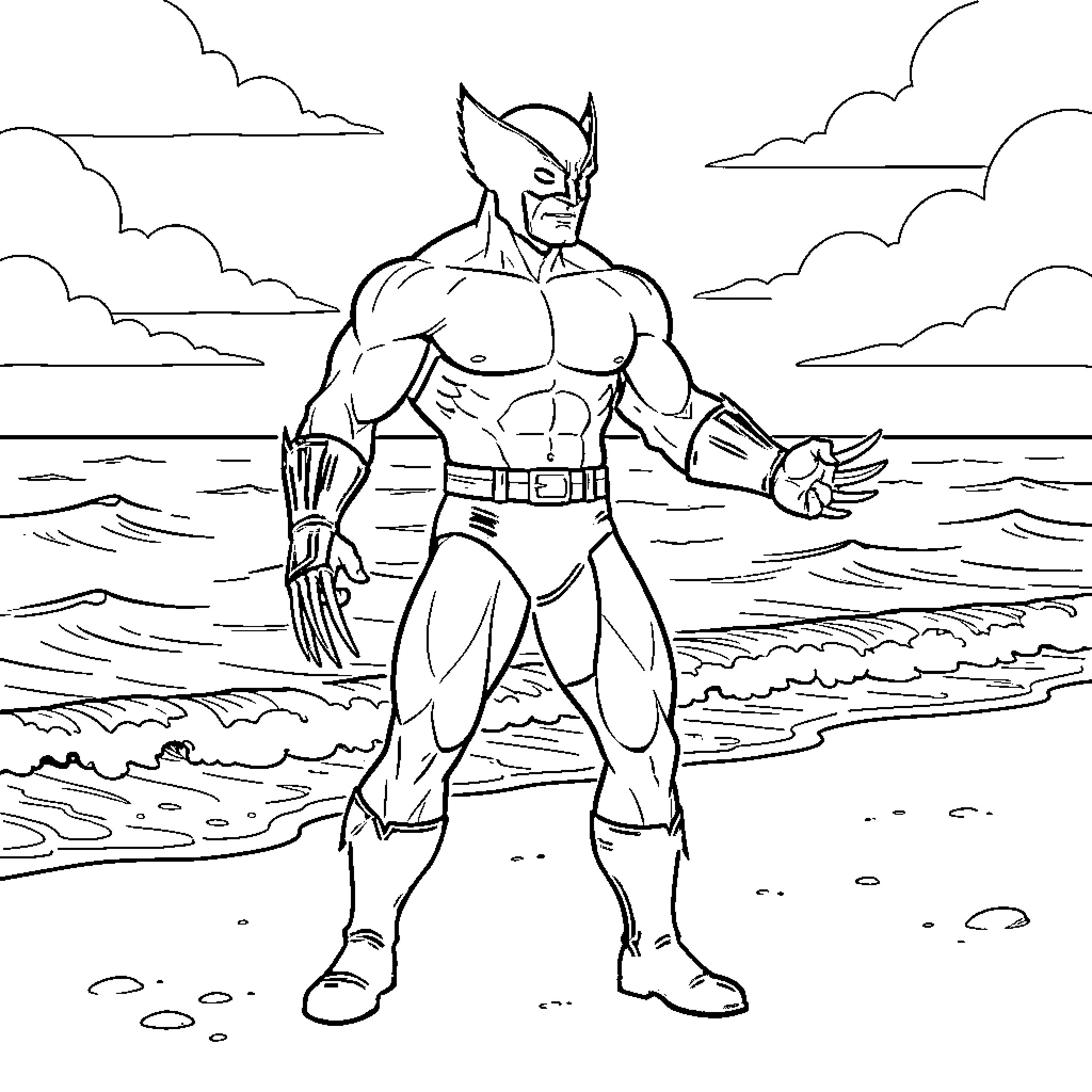 Wolverine standing heroically on a sandy beach Coloring Page (free black-and-white line drawing printable PDF for all, from beginners to advanced learners, including children, teens, adults, and seniors)
