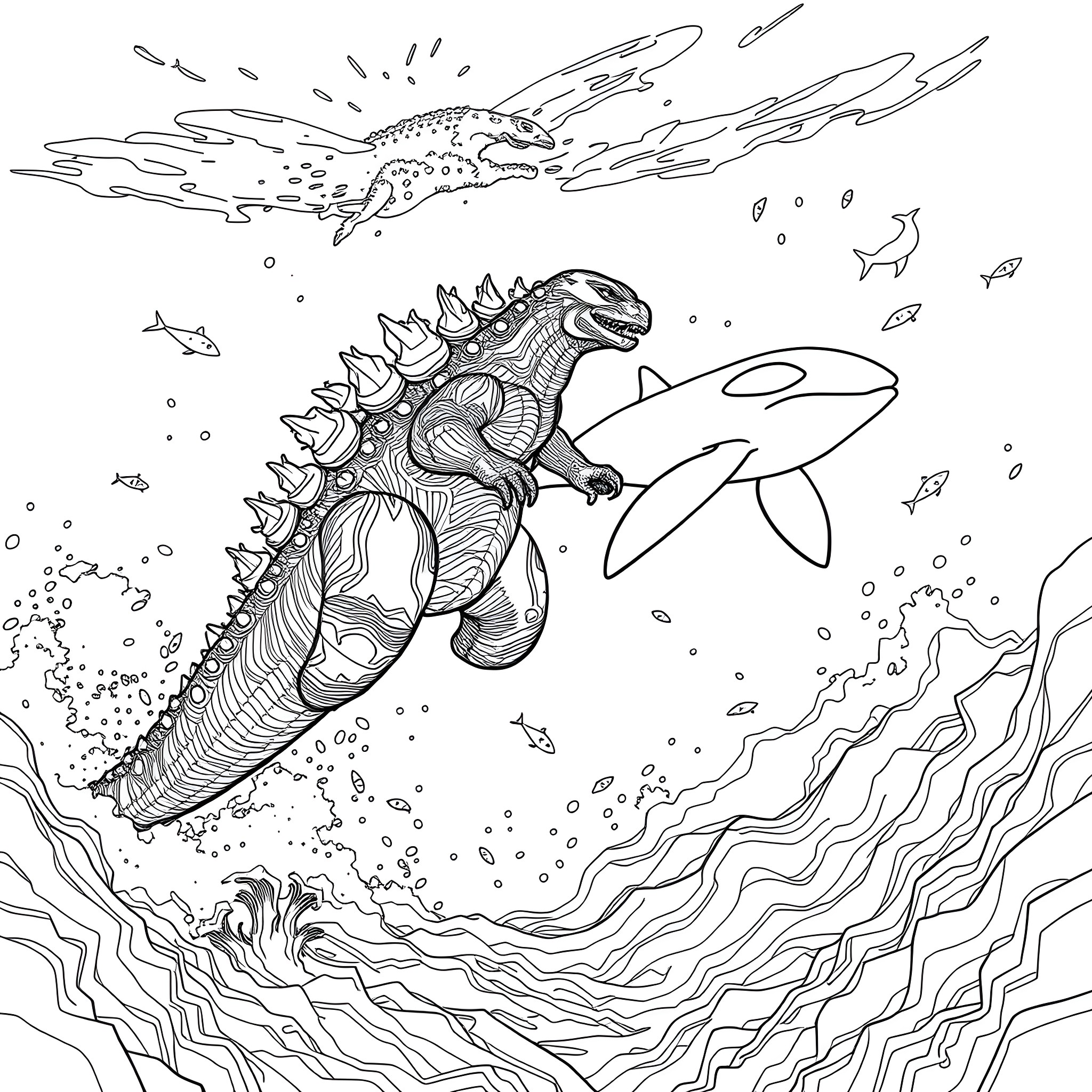 Godzilla-inspired sea creatures in an underwater scene Coloring Page (free black-and-white line drawing printable PDF for all, from beginners to advanced learners, including children, teens, adults, and seniors)