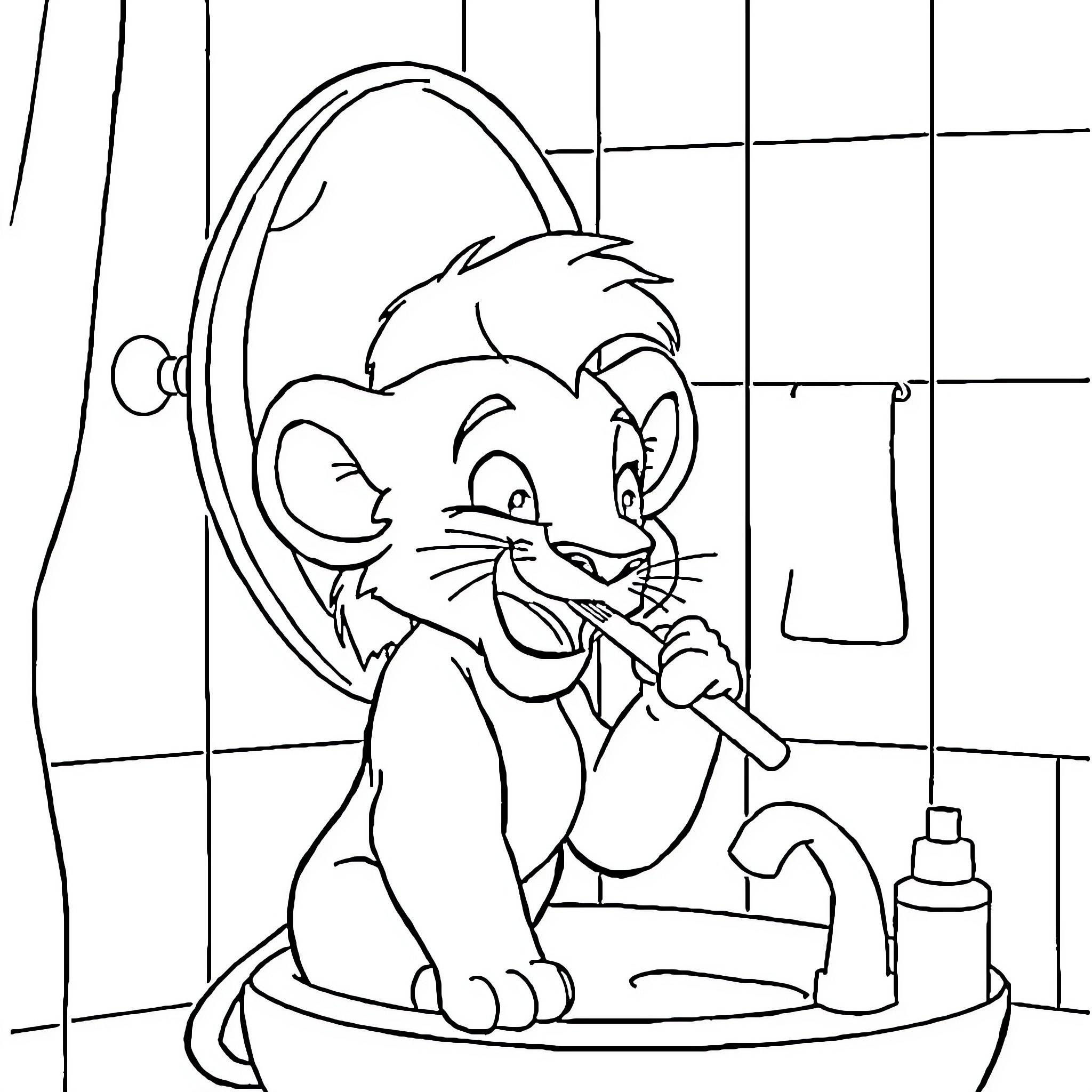 Simba brushing teeth in the bathroom Coloring Page (free black-and-white line drawing printable PDF for all, from beginners to advanced learners, including children, teens, adults, and seniors)