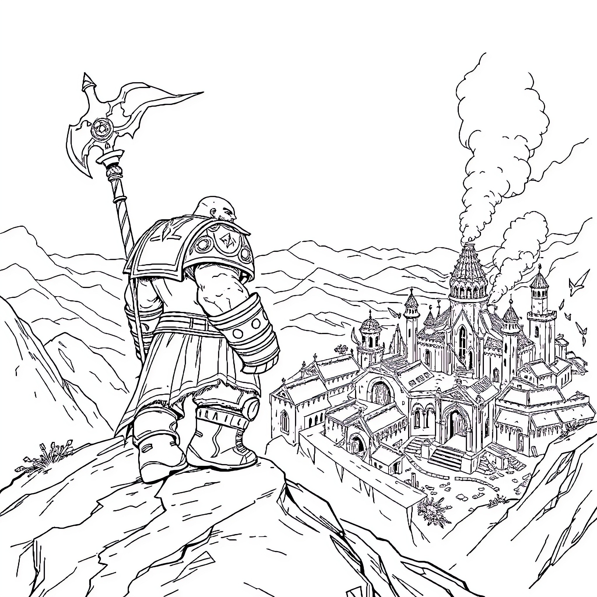 Garrosh Hellscream stands atop a cliffside, surveying a fantastical castle Coloring Page (free black-and-white line drawing printable PDF for all, from beginners to advanced learners, including children, teens, adults, and seniors)