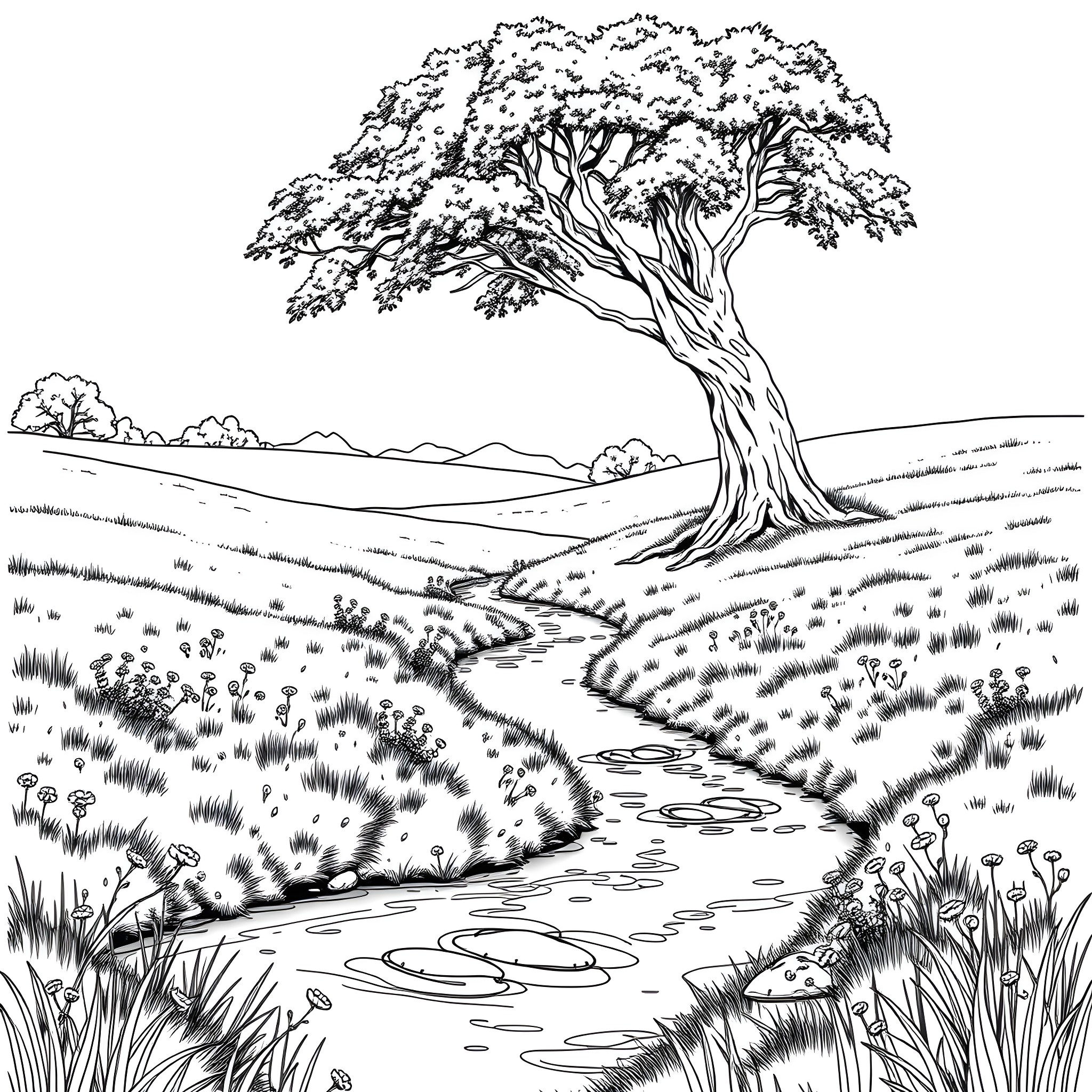 Outdoor Scene with a Winding Stream and Lush Landscape Coloring Page (free black-and-white line drawing printable PDF for all, from beginners to advanced learners, including children, teens, adults, and seniors)