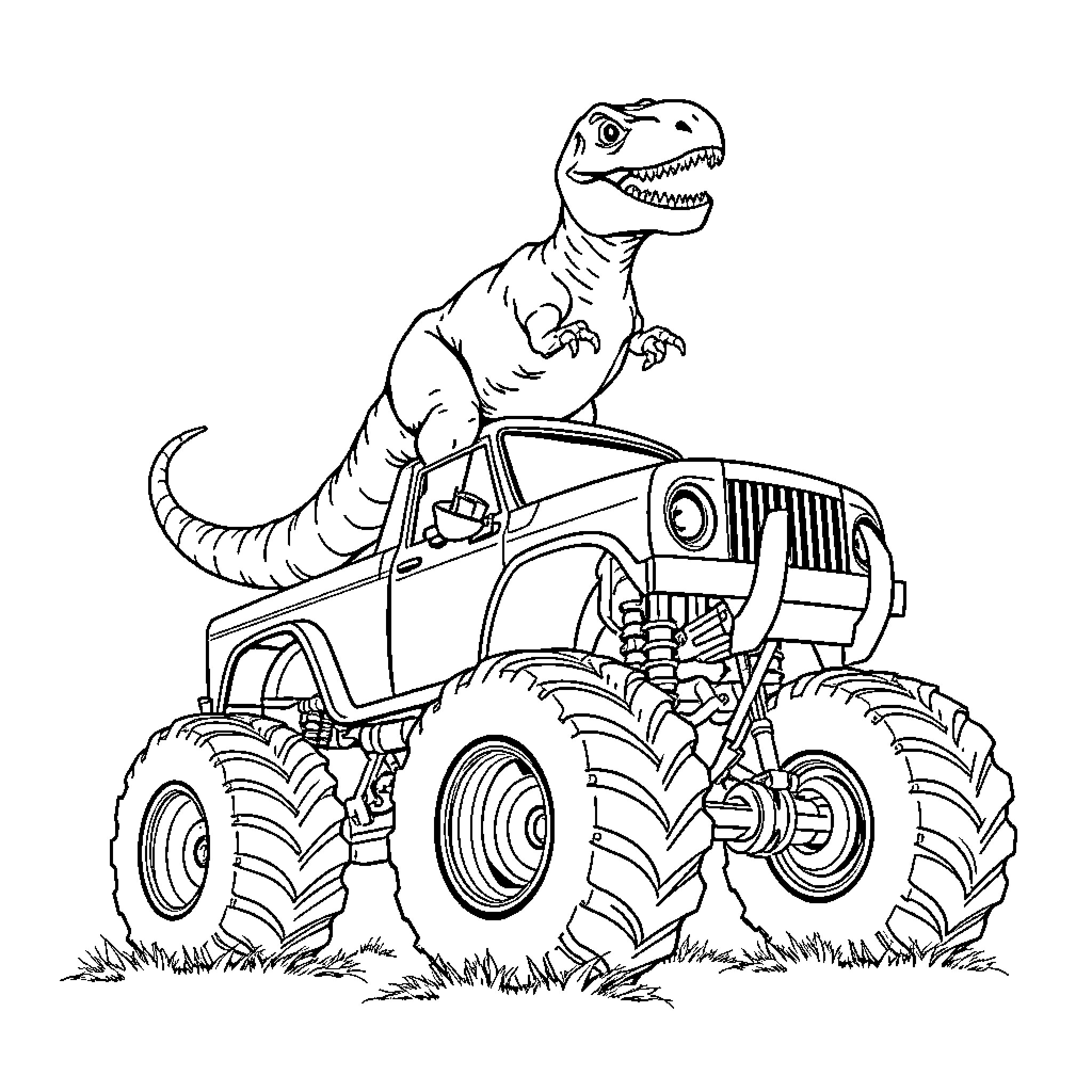 T-Rex Riding a Monster Truck Through the Wilderness Coloring Page (free black-and-white line drawing printable PDF for all, from beginners to advanced learners, including children, teens, adults, and seniors)