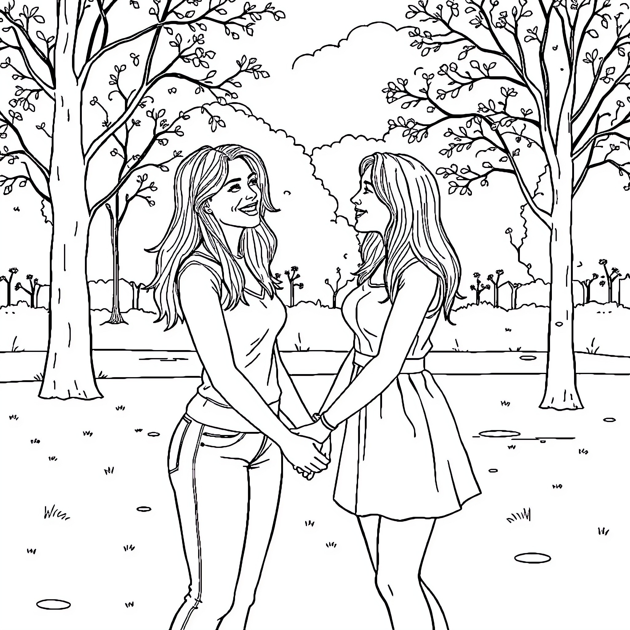 Lesbian couple enjoying nature's embrace Coloring Page (free black-and-white line drawing printable PDF for all, from beginners to advanced learners, including children, teens, adults, and seniors)