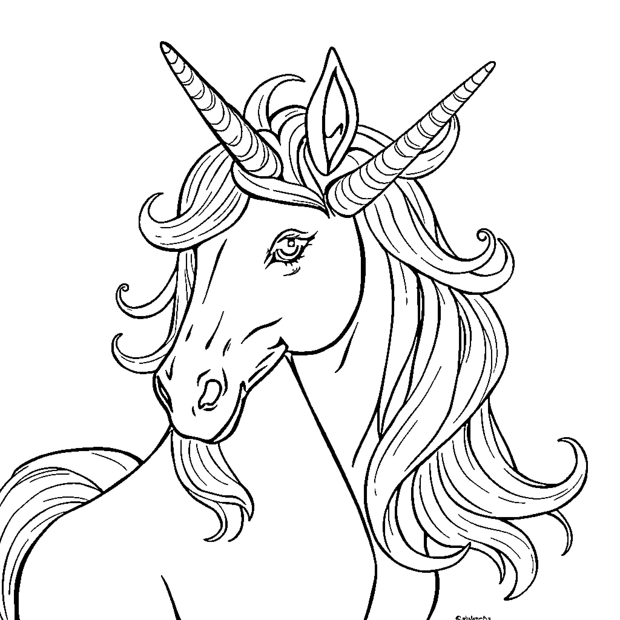 Unicorn with flowing mane and elegant horns Coloring Page (free black-and-white line drawing printable PDF for all, from beginners to advanced learners, including children, teens, adults, and seniors)