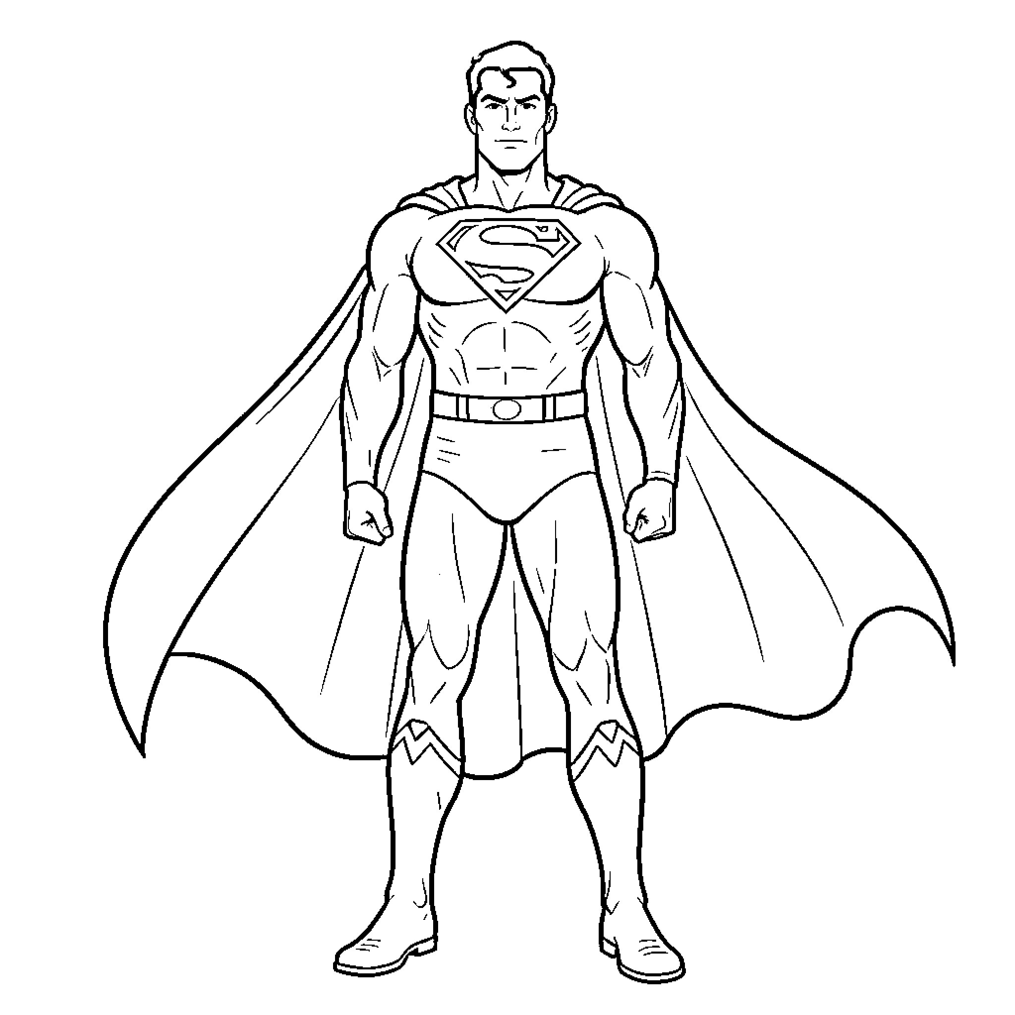 Superman standing heroically in his iconic costume Coloring Page (free black-and-white line drawing printable PDF for all, from beginners to advanced learners, including children, teens, adults, and seniors)
