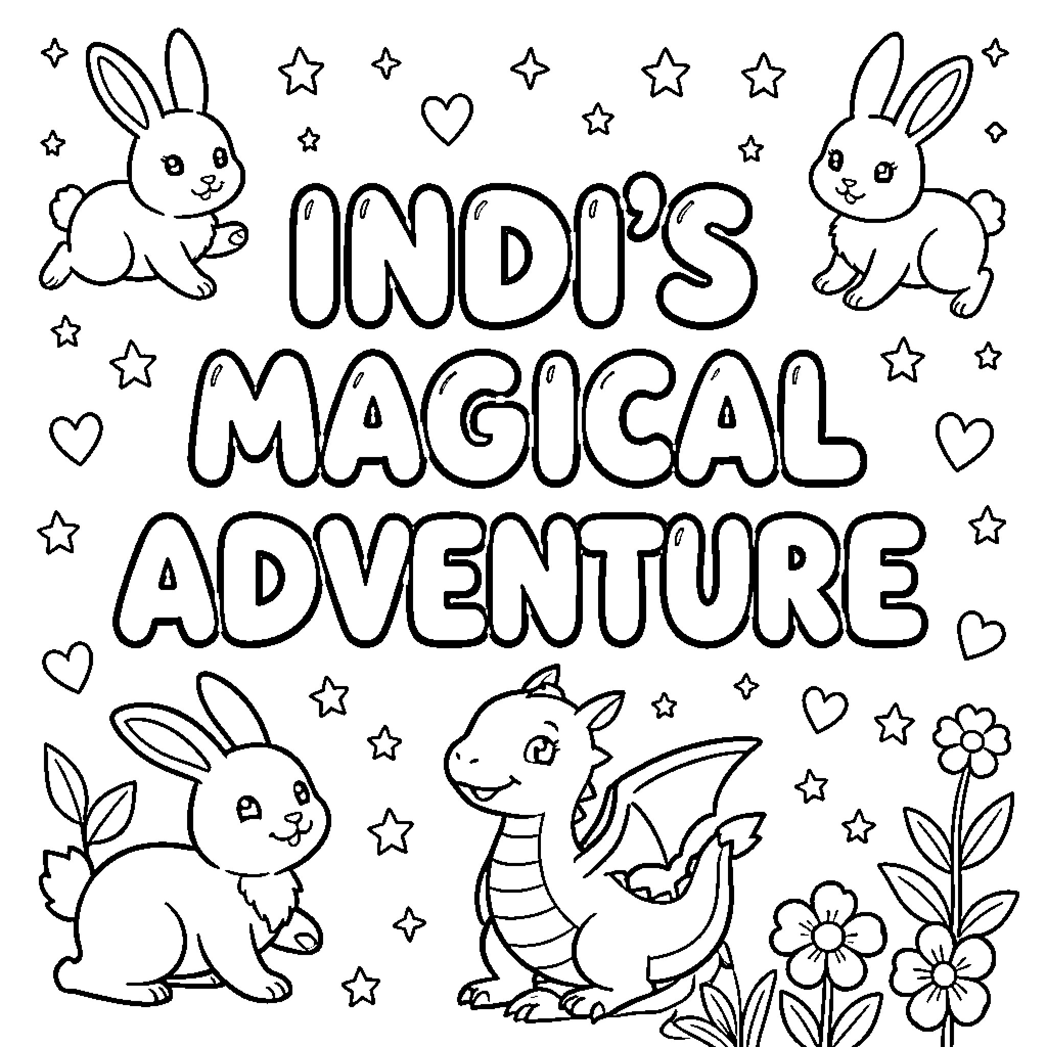 Bunny's Magical Adventure Coloring Page (free black-and-white line drawing printable PDF for all, from beginners to advanced learners, including children, teens, adults, and seniors)