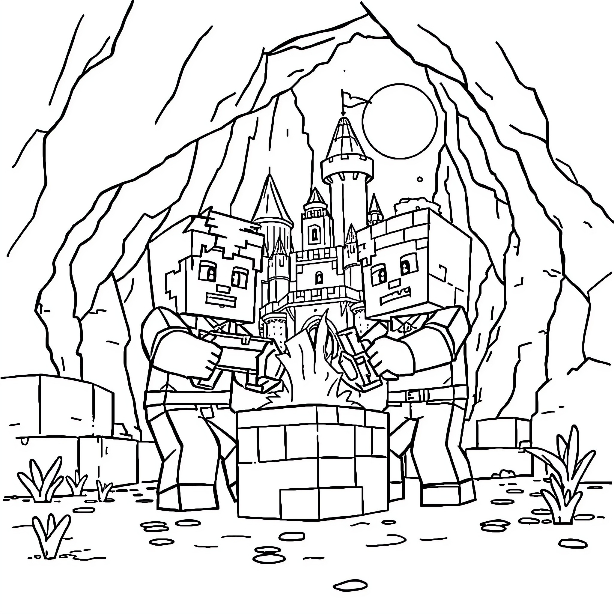Minecraft characters exploring a fantasy castle Coloring Page (free black-and-white line drawing printable PDF for all, from beginners to advanced learners, including children, teens, adults, and seniors)