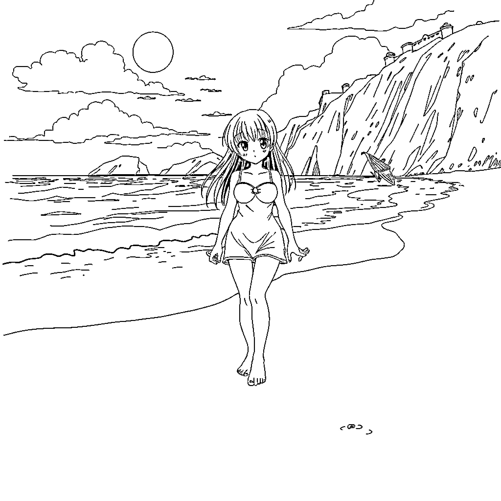 Nanoha enjoying a peaceful beach scene Coloring Page (free black-and-white line drawing printable PDF for all, from beginners to advanced learners, including children, teens, adults, and seniors)