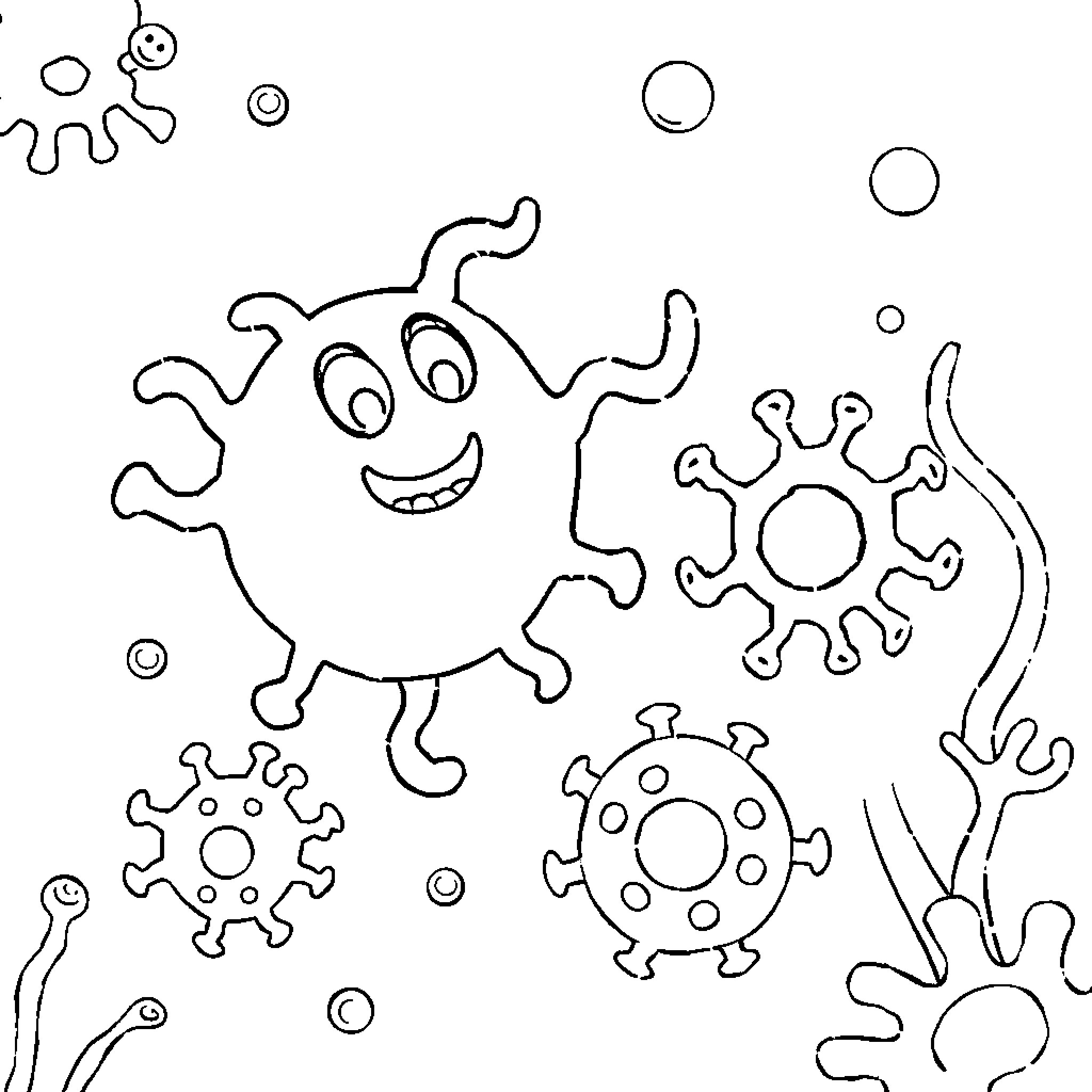 Germ creatures playing in the environment Coloring Page (free black-and-white line drawing printable PDF for all, from beginners to advanced learners, including children, teens, adults, and seniors)