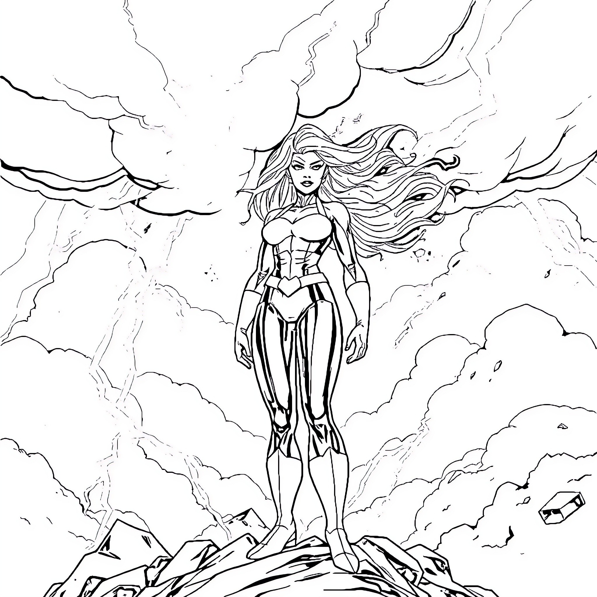 Storm Goddess in Thunderous Skies Coloring Page (free black-and-white line drawing printable PDF for all, from beginners to advanced learners, including children, teens, adults, and seniors)