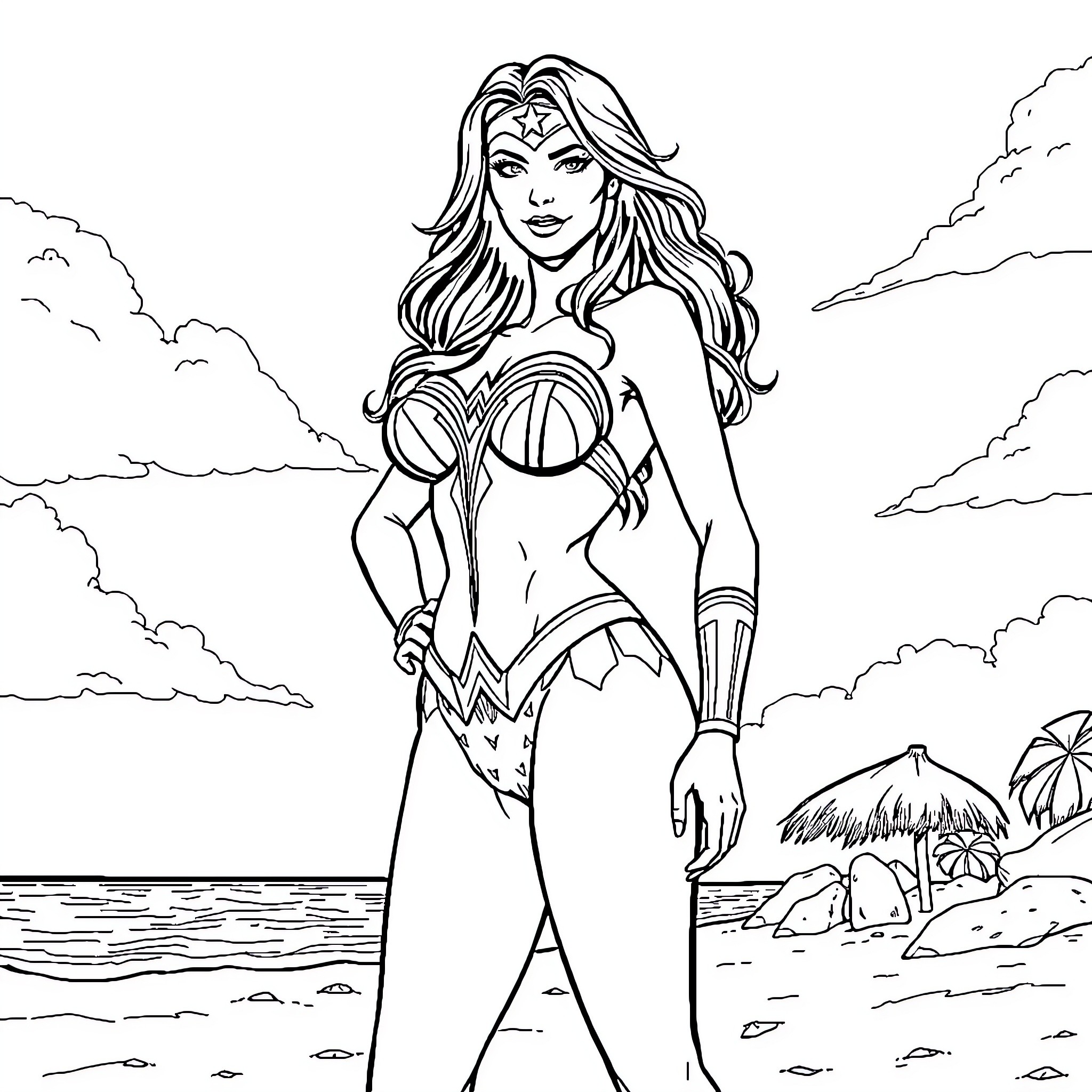 Wonder Woman in heroic pose on tropical beach Coloring Page (free black-and-white line drawing printable PDF for all, from beginners to advanced learners, including children, teens, adults, and seniors)