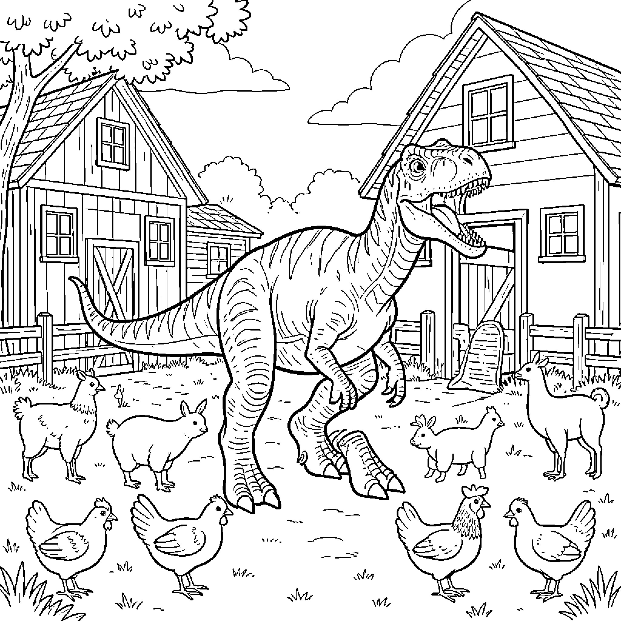 Dinosaur walking through a farm among small animals Coloring Page (free black-and-white line drawing printable PDF for all, from beginners to advanced learners, including children, teens, adults, and seniors)