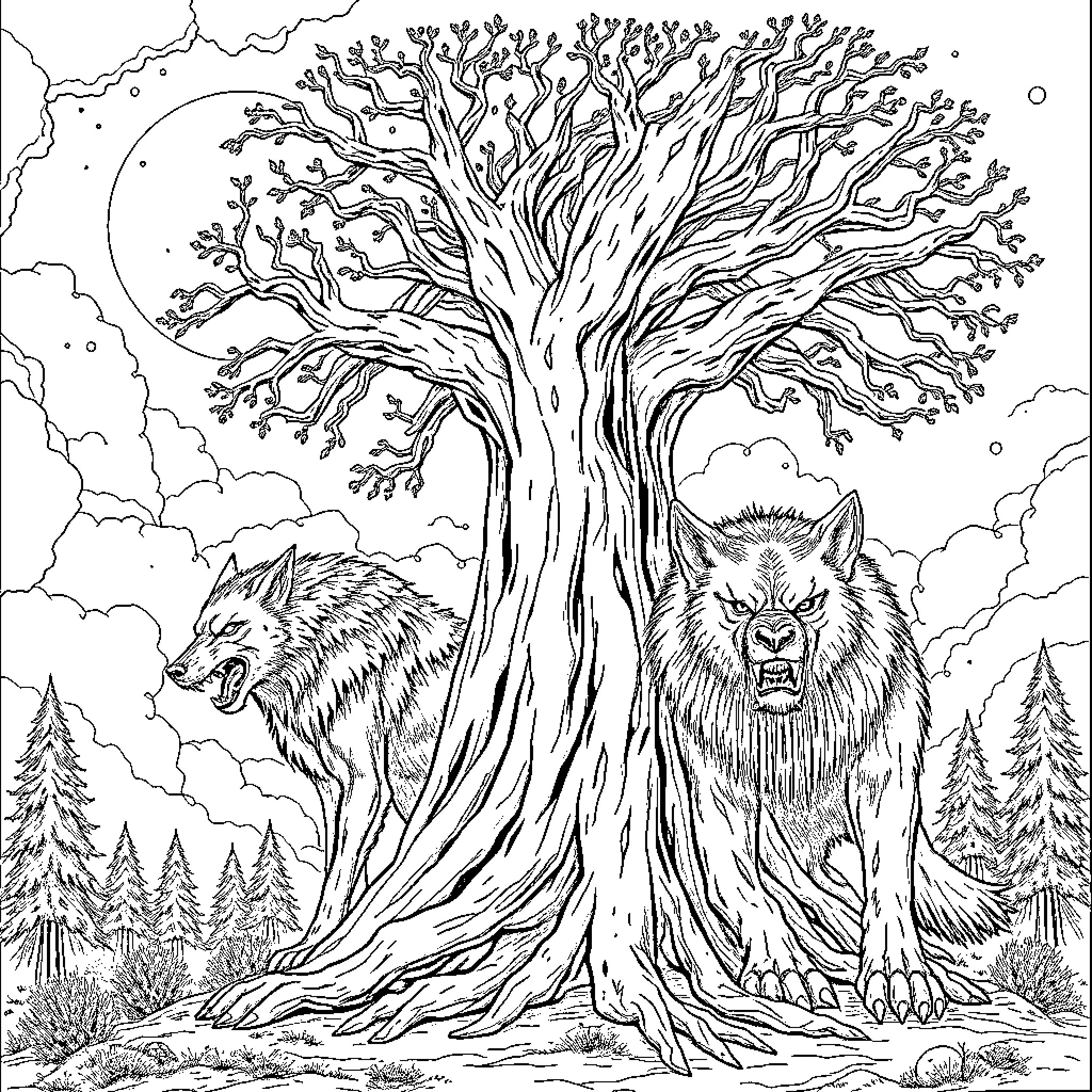 Yggdrasil: Wolves howling beneath the ancient tree Coloring Page (free black-and-white line drawing printable PDF for all, from beginners to advanced learners, including children, teens, adults, and seniors)