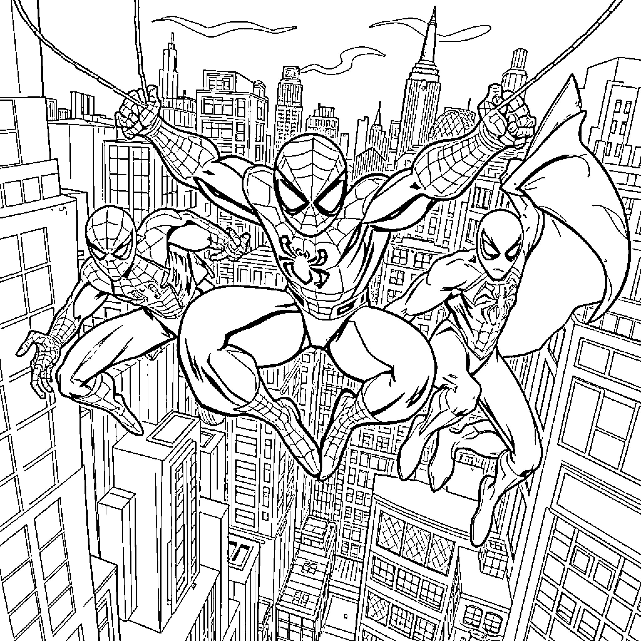 Spidy and friends swinging through the city skyline Coloring Page (free black-and-white line drawing printable PDF for all, from beginners to advanced learners, including children, teens, adults, and seniors)
