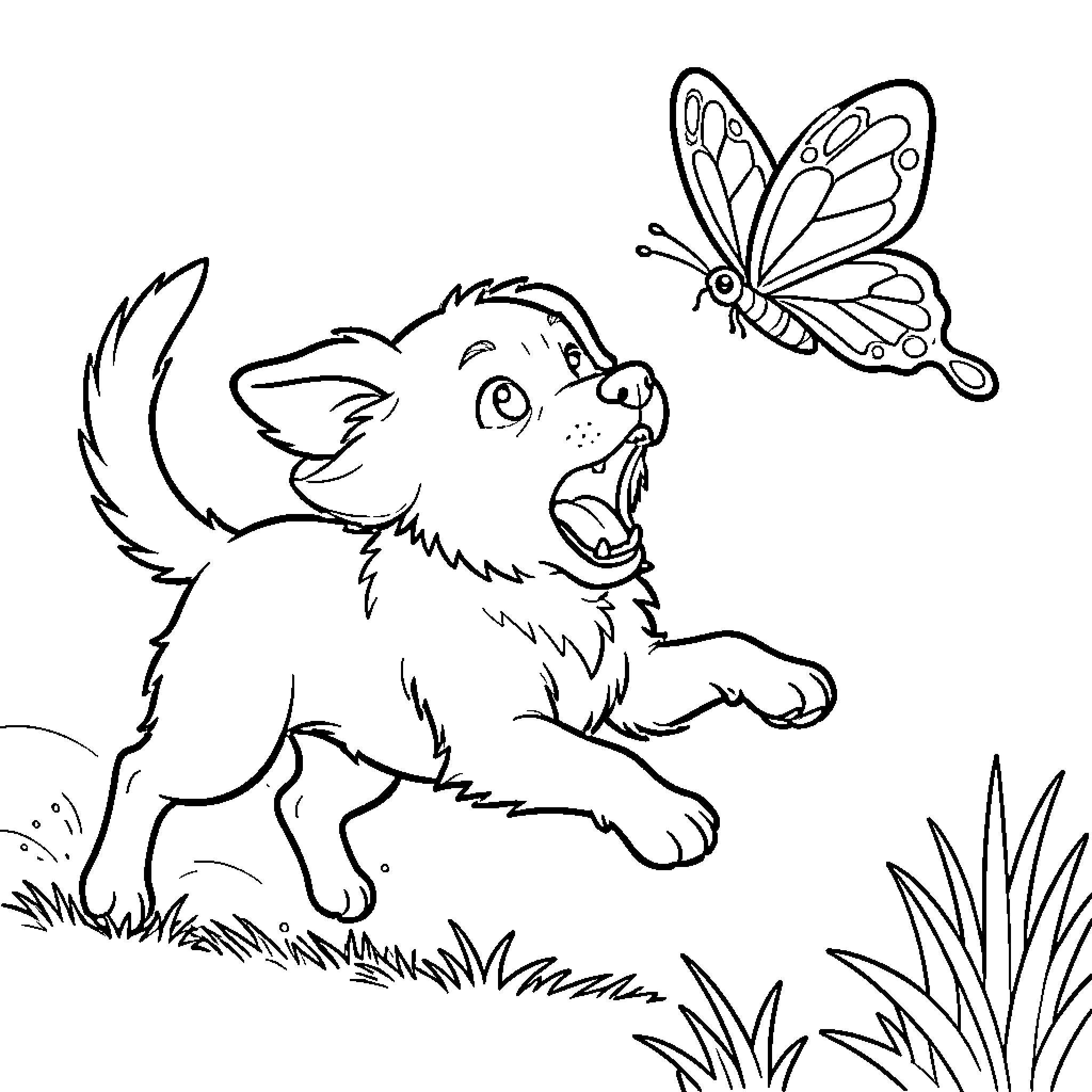 Dog chasing a butterfly in the grass Coloring Page (free black-and-white line drawing printable PDF for all, from beginners to advanced learners, including children, teens, adults, and seniors)