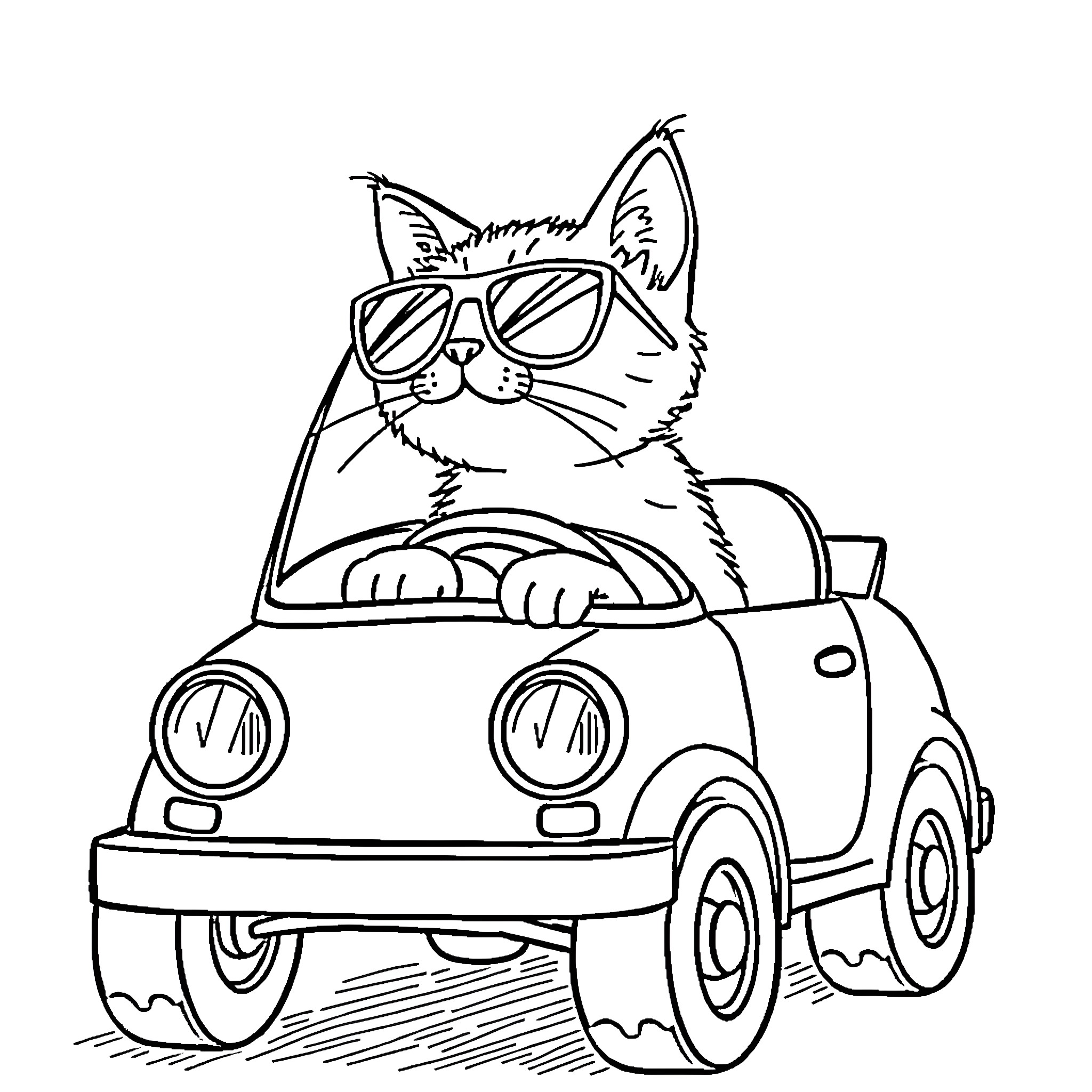 Cat driving a retro car with sunglasses Coloring Page (free black-and-white line drawing printable PDF for all, from beginners to advanced learners, including children, teens, adults, and seniors)