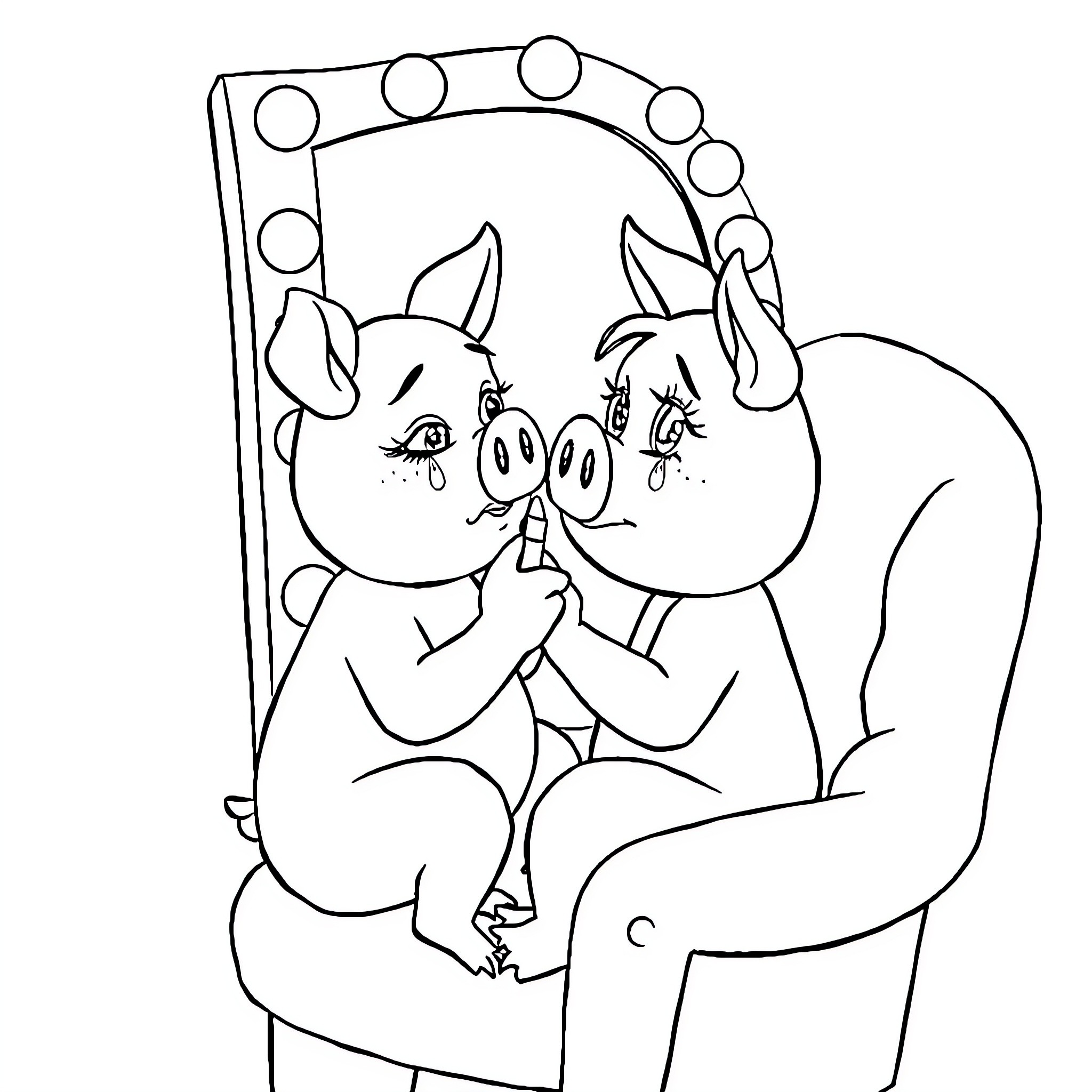 Miss Piggy Admiring Herself in the Mirror Coloring Page (free black-and-white line drawing printable PDF for all, from beginners to advanced learners, including children, teens, adults, and seniors)