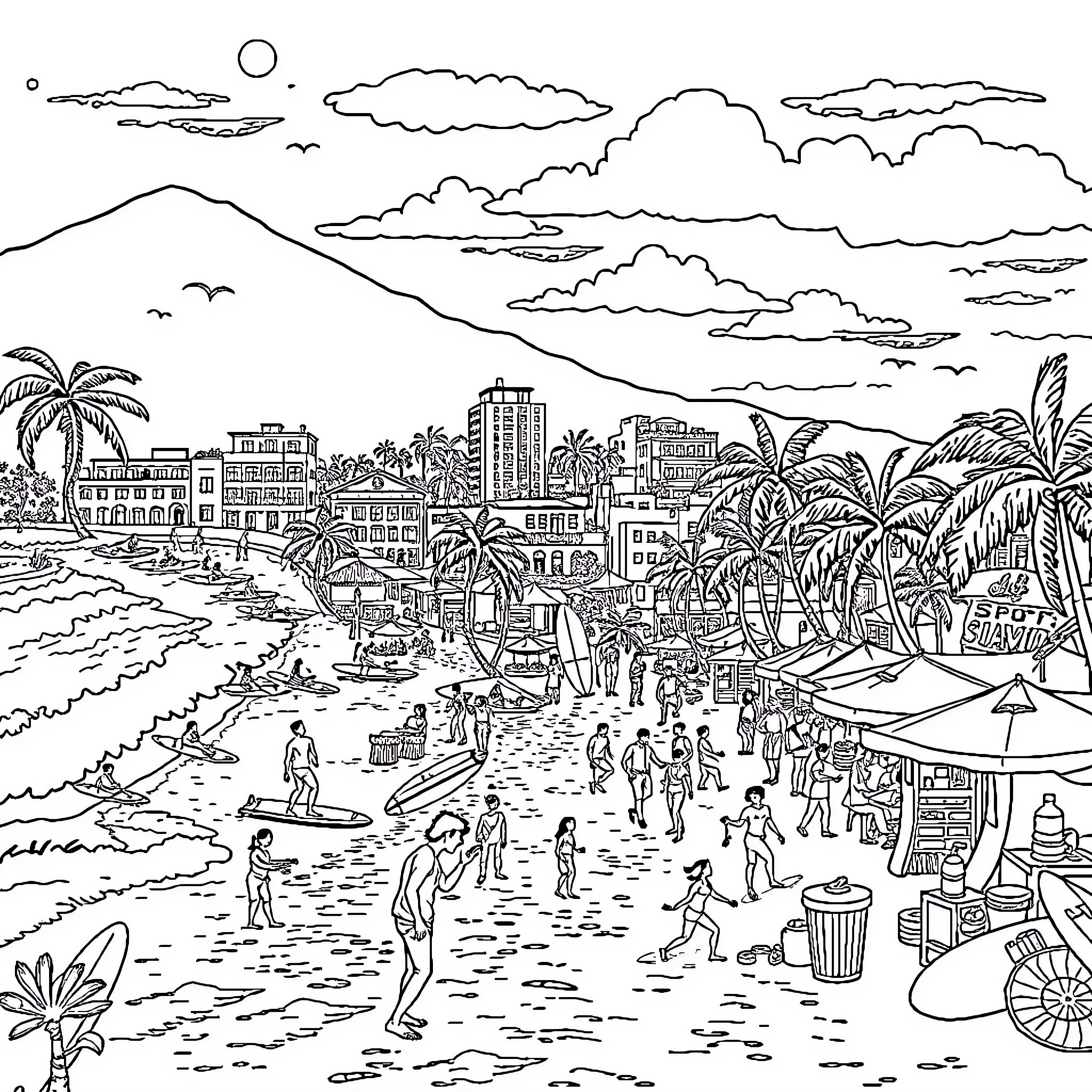 Surf City: Lively Beach Scene with Diverse Activities Coloring Page (free black-and-white line drawing printable PDF for all, from beginners to advanced learners, including children, teens, adults, and seniors)