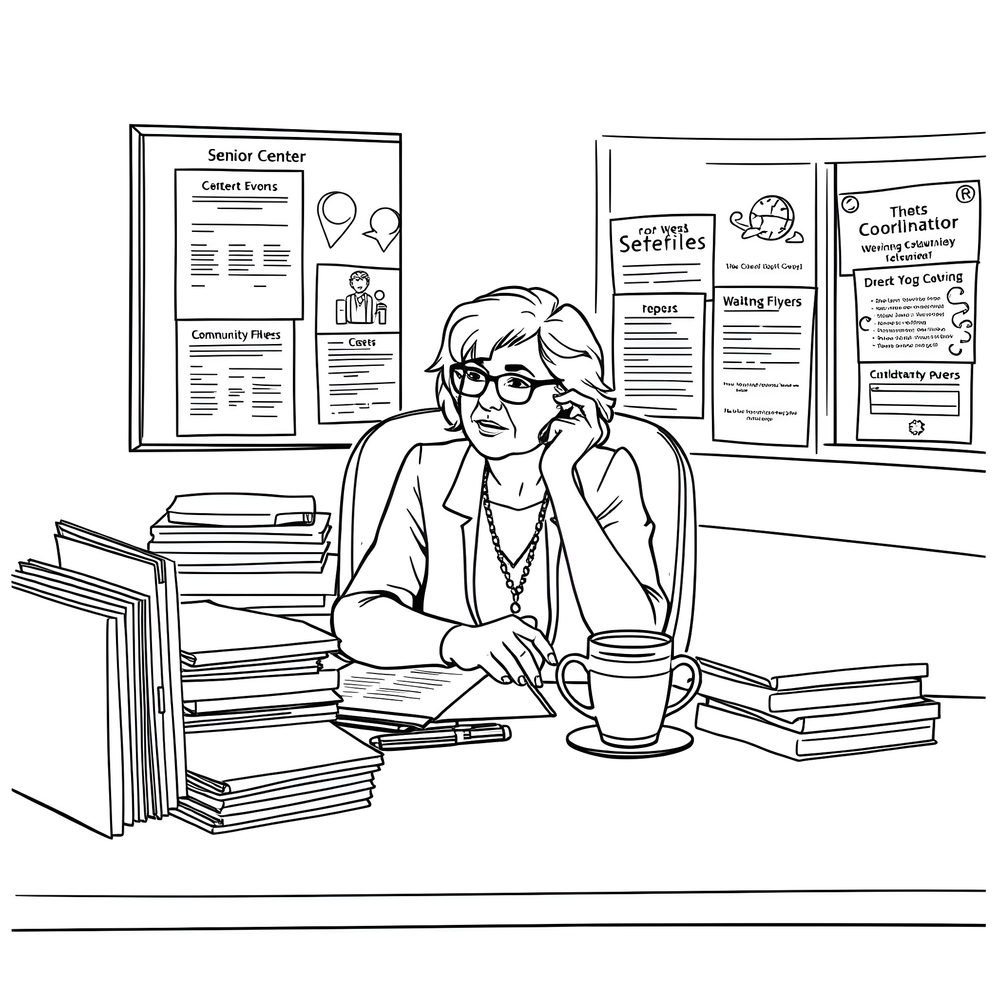 Senior Center Coordinator Reviewing Documents and Schedules Coloring Page (free black-and-white line drawing printable PDF for all, from beginners to advanced learners, including children, teens, adults, and seniors)