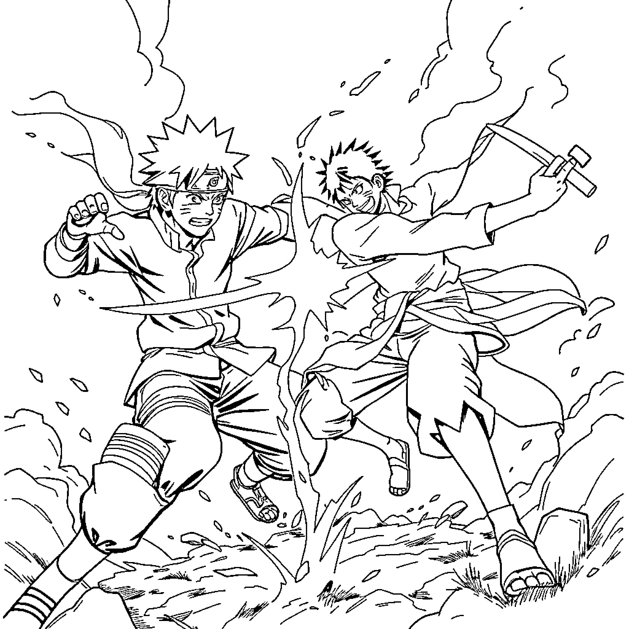 Ninja warriors engaged in fierce combat Coloring Page (free black-and-white line drawing printable PDF for all, from beginners to advanced learners, including children, teens, adults, and seniors)