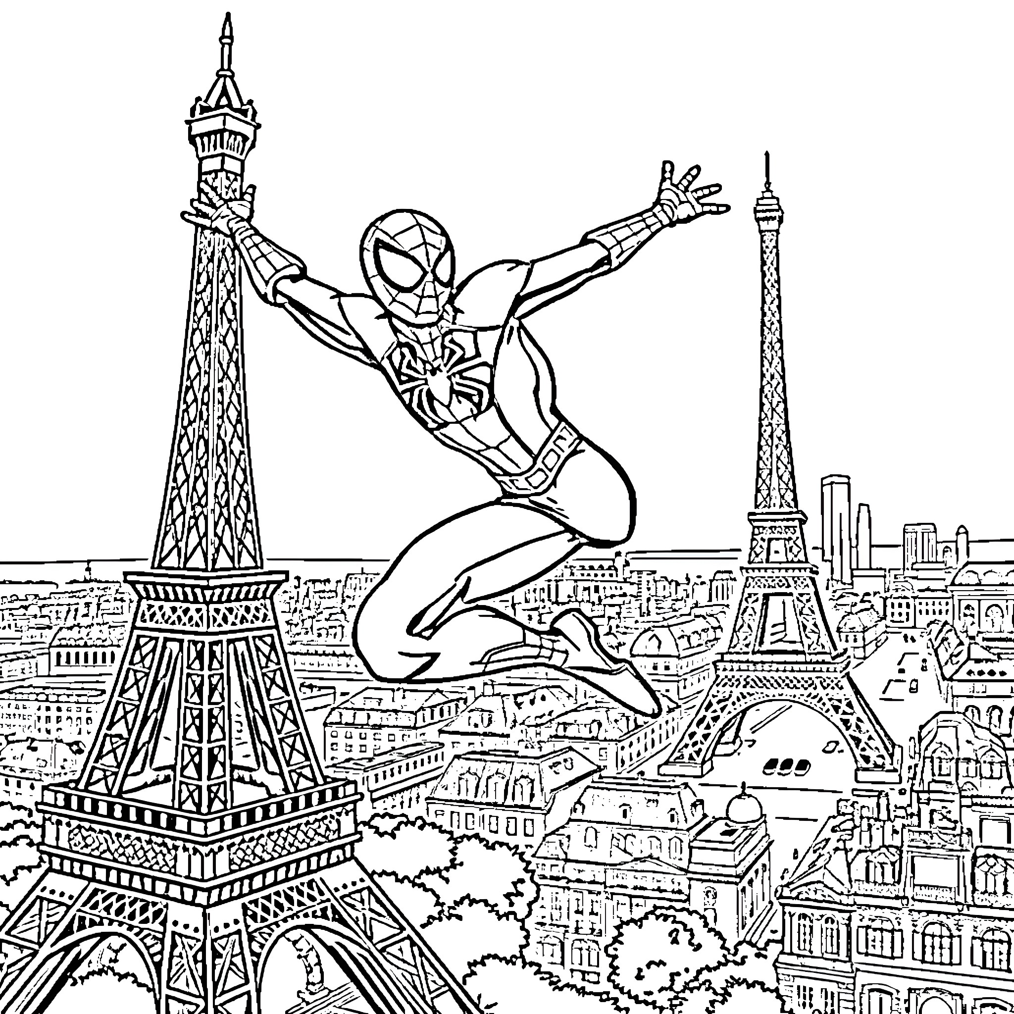 Spider-Man leaping across the Parisian skyline Coloring Page (free black-and-white line drawing printable PDF for all, from beginners to advanced learners, including children, teens, adults, and seniors)