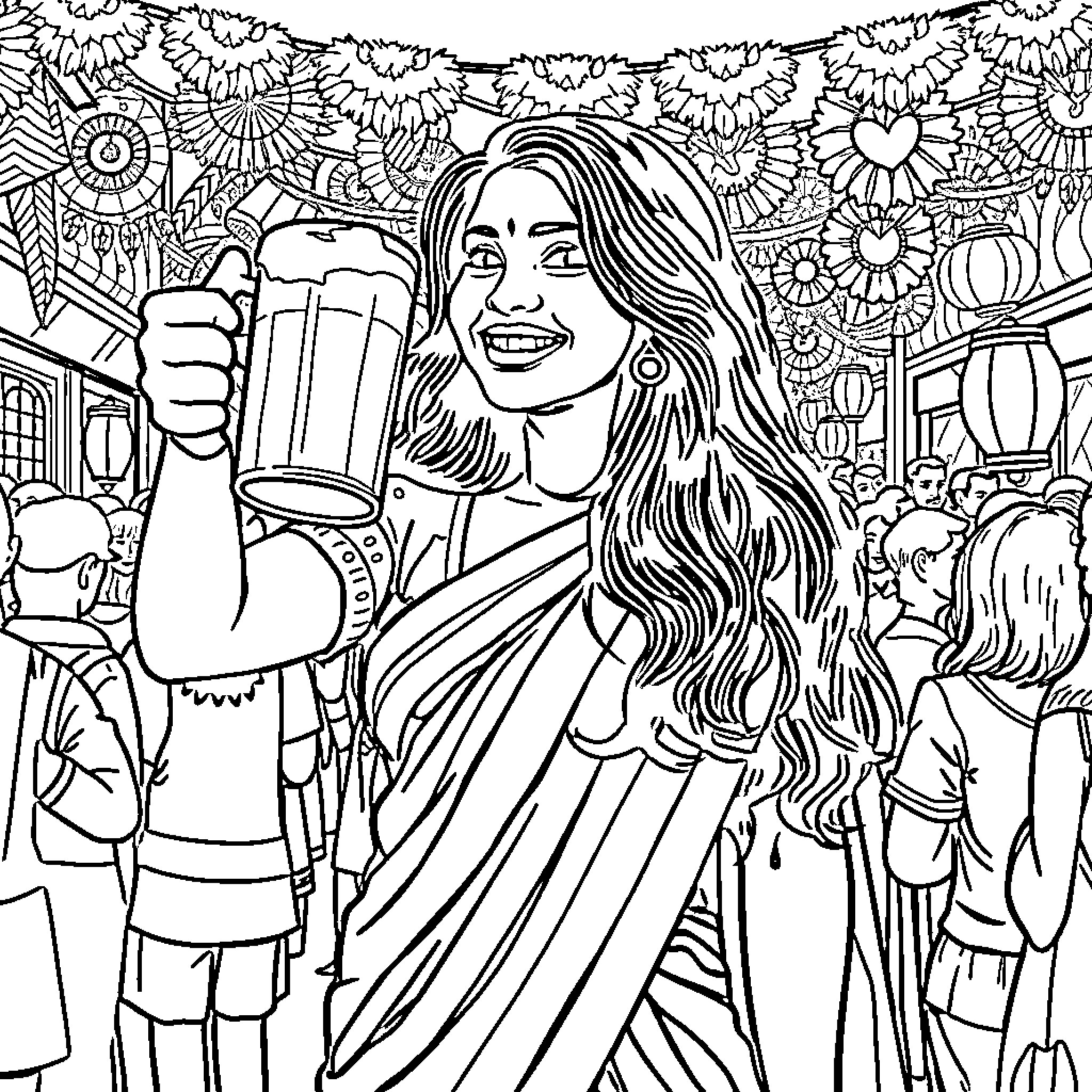 Woman celebrating with a glass of beer in a festive crowd Coloring Page (free black-and-white line drawing printable PDF for all, from beginners to advanced learners, including children, teens, adults, and seniors)