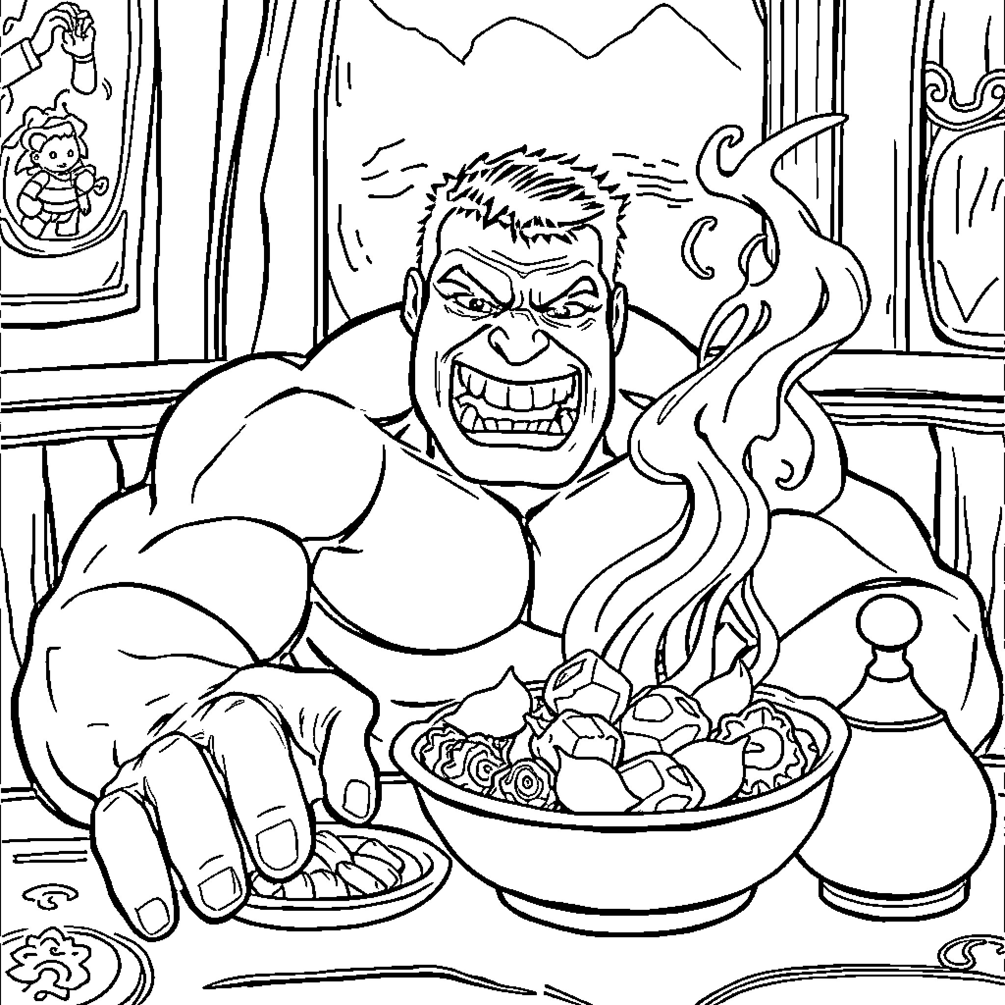 Hulk Enjoying a Hearty Meal in Animated Setting Coloring Page (free black-and-white line drawing printable PDF for all, from beginners to advanced learners, including children, teens, adults, and seniors)