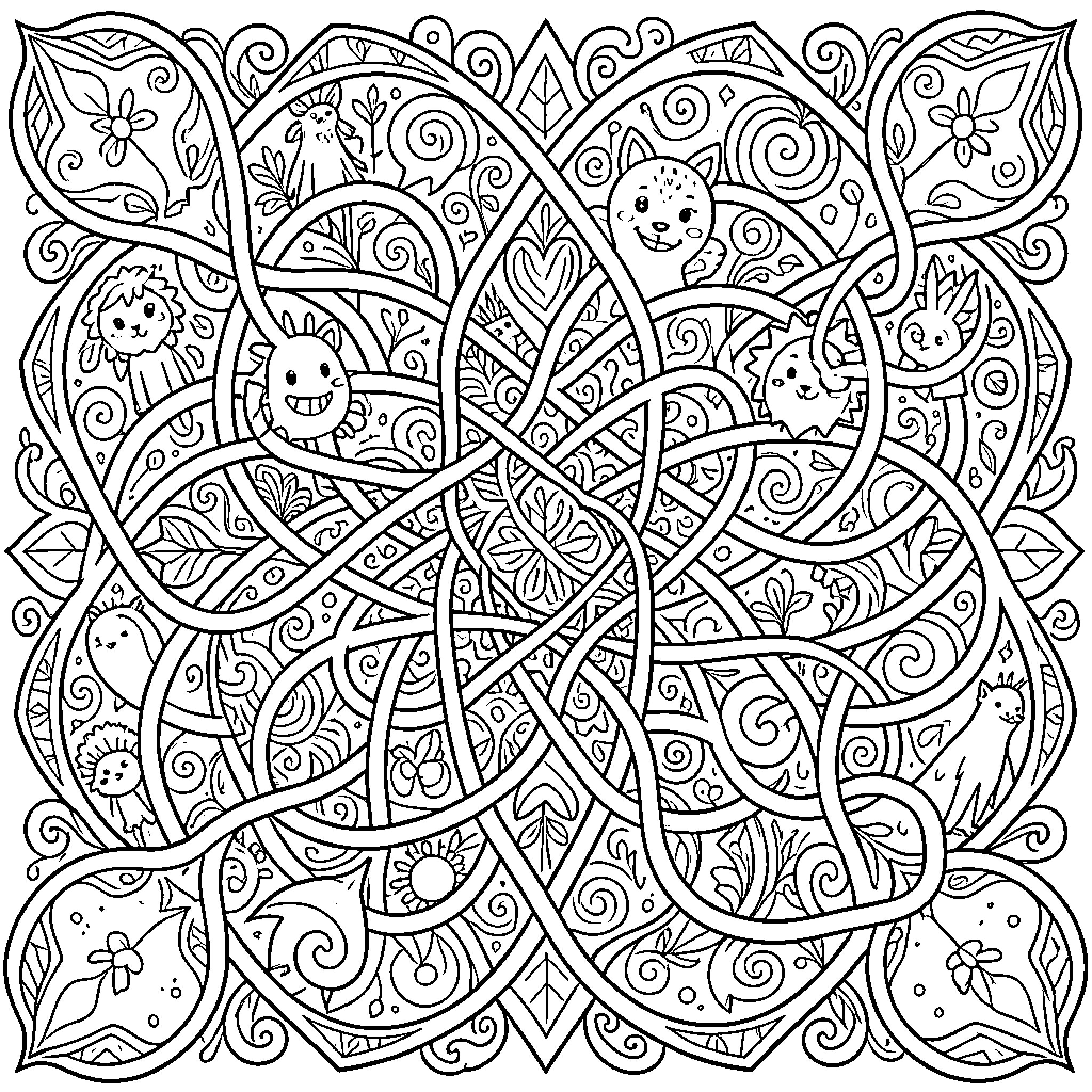 Doodle of whimsical shapes and patterns Coloring Page (free black-and-white line drawing printable PDF for all, from beginners to advanced learners, including children, teens, adults, and seniors)