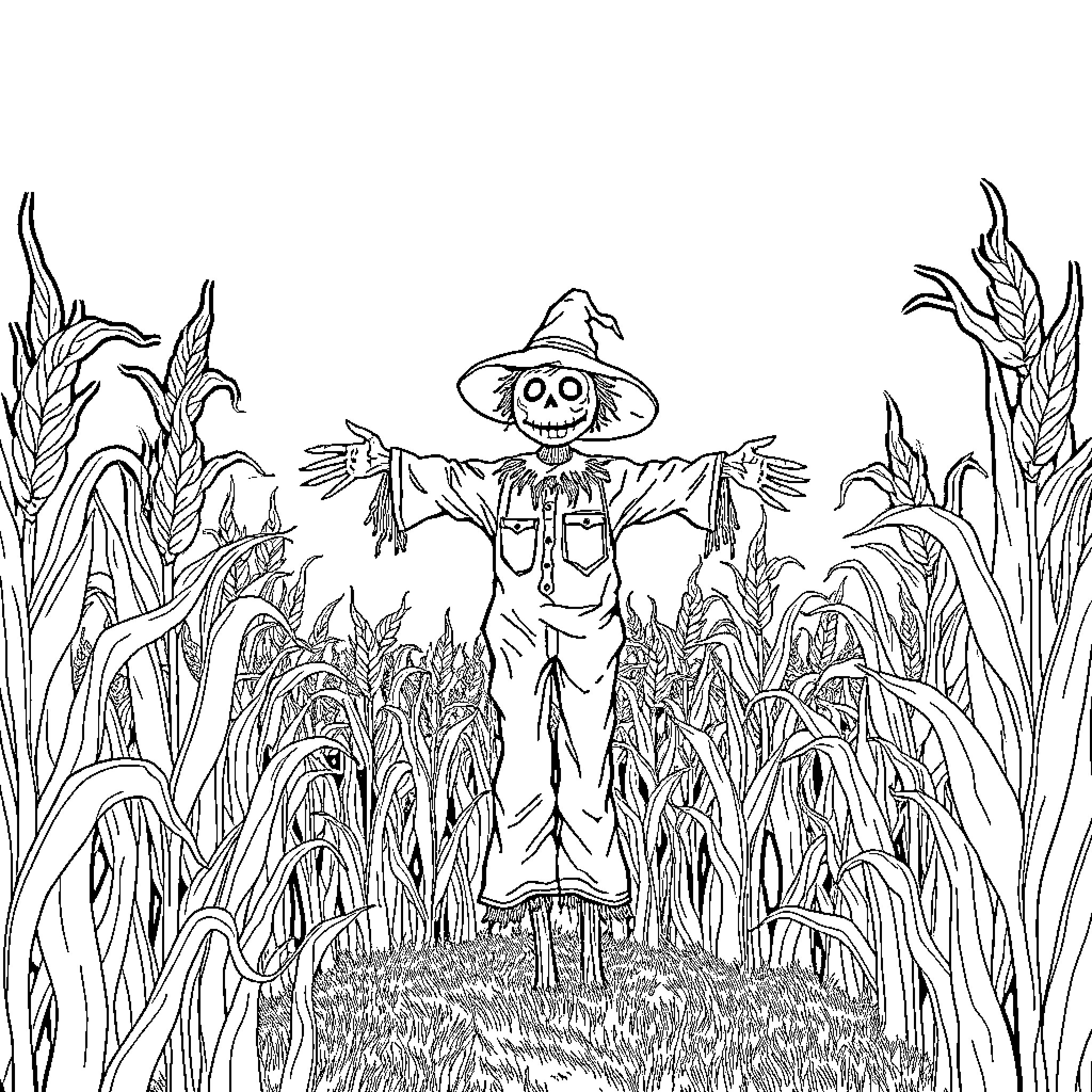 Scarecrow standing amidst the corn stalks Coloring Page (free black-and-white line drawing printable PDF for all, from beginners to advanced learners, including children, teens, adults, and seniors)