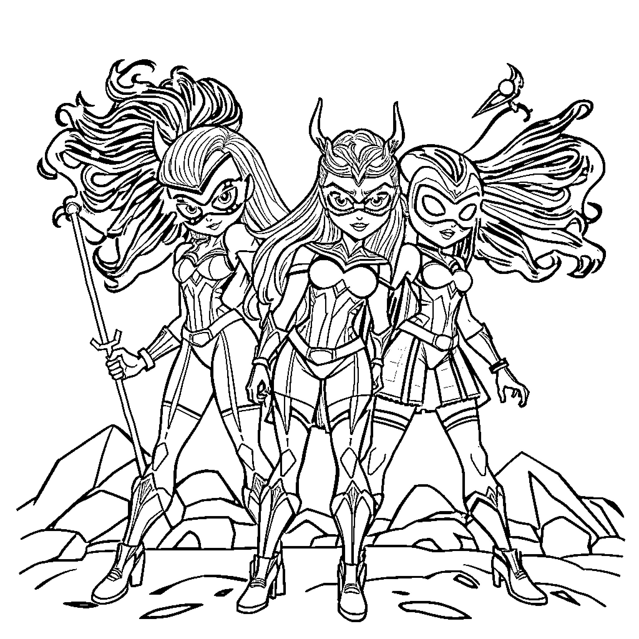 Key Pop Heroines in Fierce Poses Coloring Page (free black-and-white line drawing printable PDF for all, from beginners to advanced learners, including children, teens, adults, and seniors)