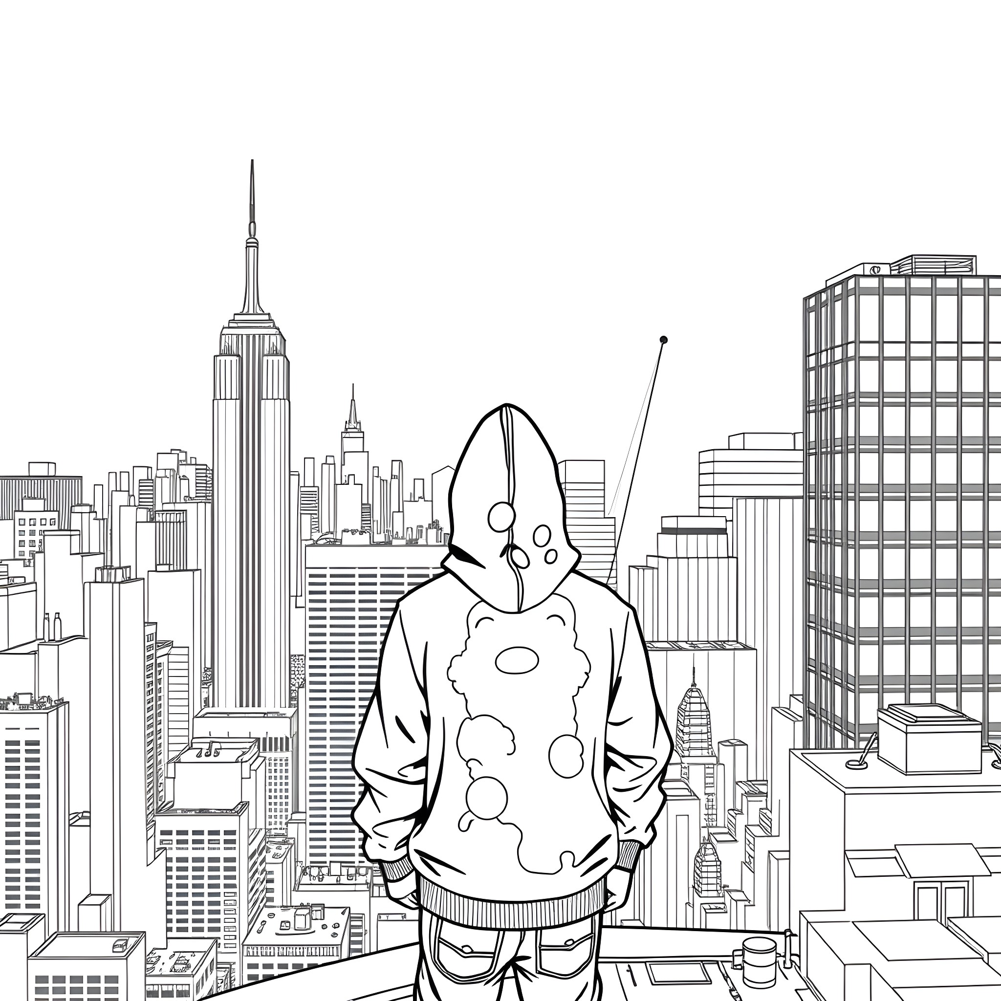 Person wearing spotted outfit overlooking urban skyline Coloring Page (free black-and-white line drawing printable PDF for all, from beginners to advanced learners, including children, teens, adults, and seniors)