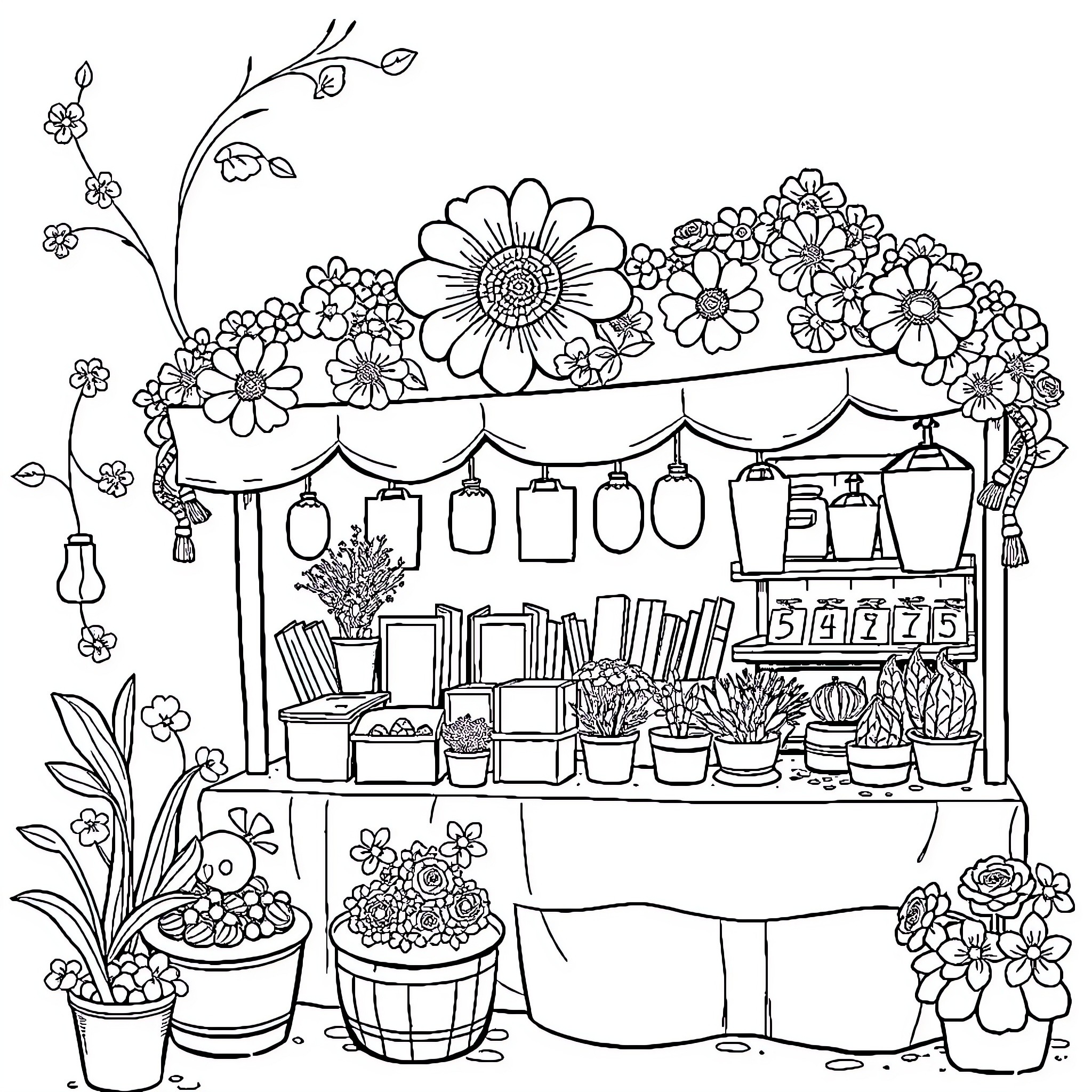 Drawing of a Whimsical Flower Market Stall Coloring Page (free black-and-white line drawing printable PDF for all, from beginners to advanced learners, including children, teens, adults, and seniors)