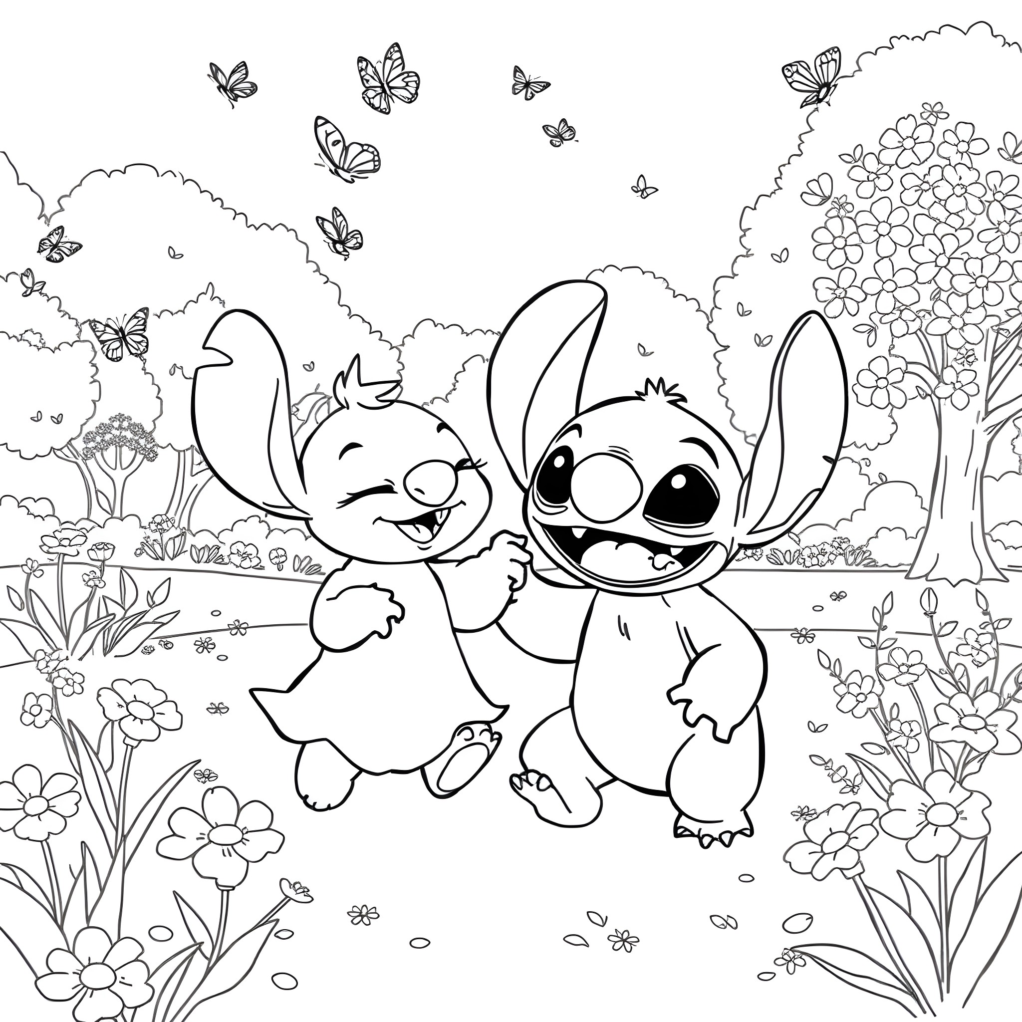 Cinnamonroll's playful adventure in the enchanted garden Coloring Page (free black-and-white line drawing printable PDF for all, from beginners to advanced learners, including children, teens, adults, and seniors)