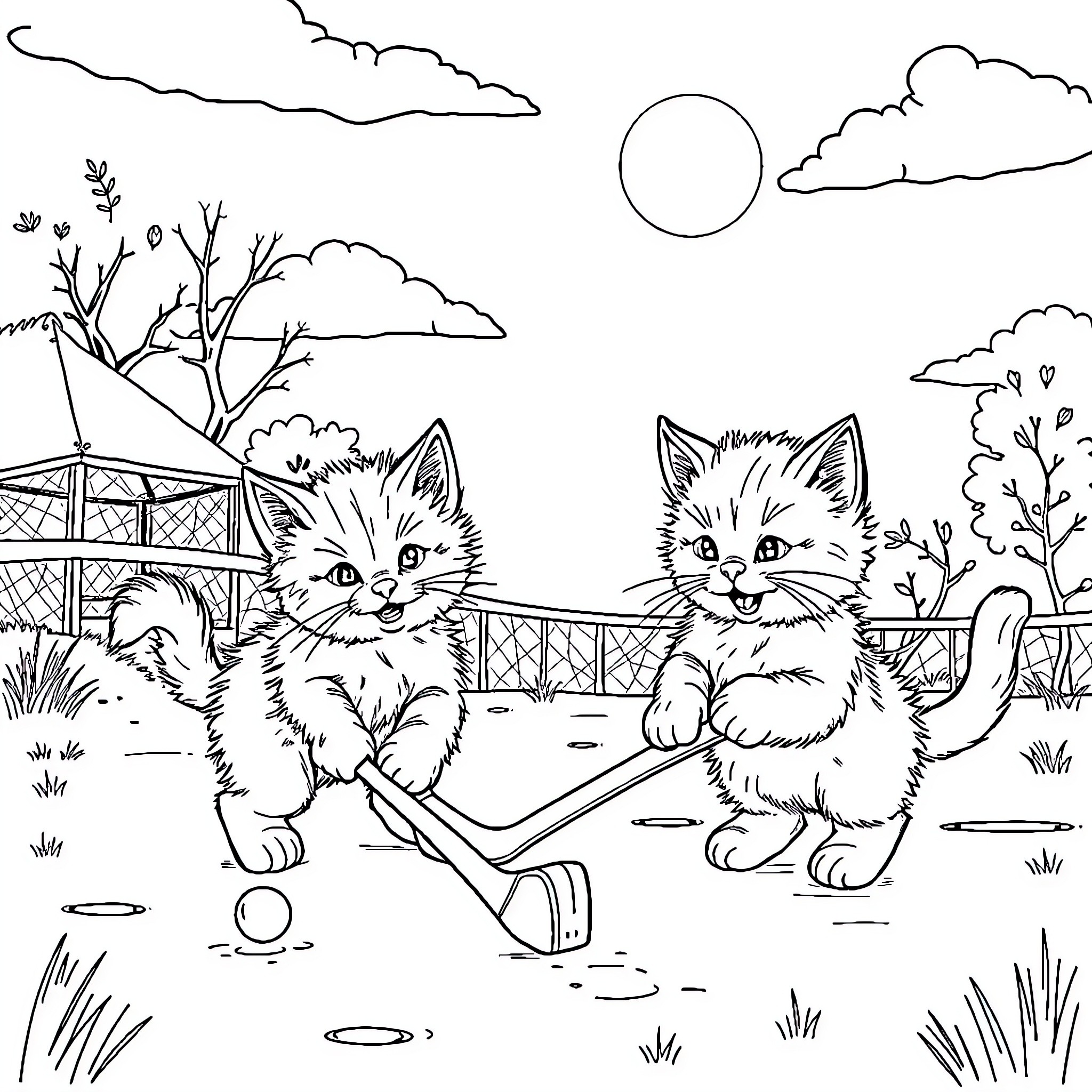 Kittens playing in the park Coloring Page (free black-and-white line drawing printable PDF for all, from beginners to advanced learners, including children, teens, adults, and seniors)