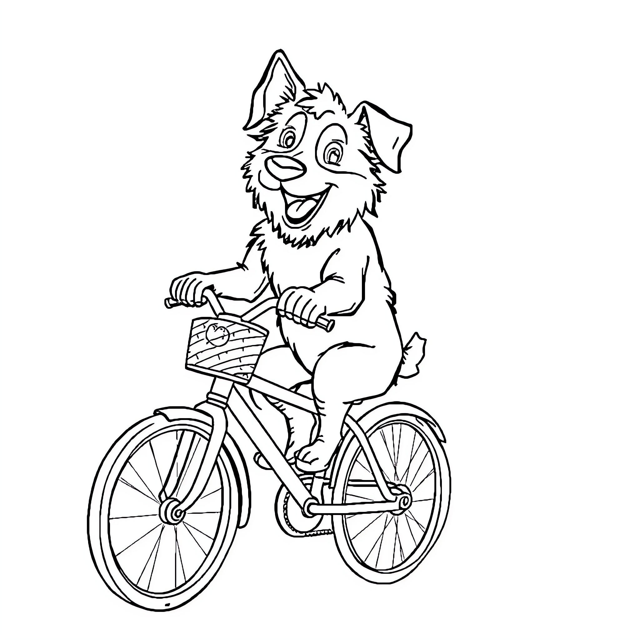 Hund riding bicycle happily on the street Coloring Page (free black-and-white line drawing printable PDF for all, from beginners to advanced learners, including children, teens, adults, and seniors)