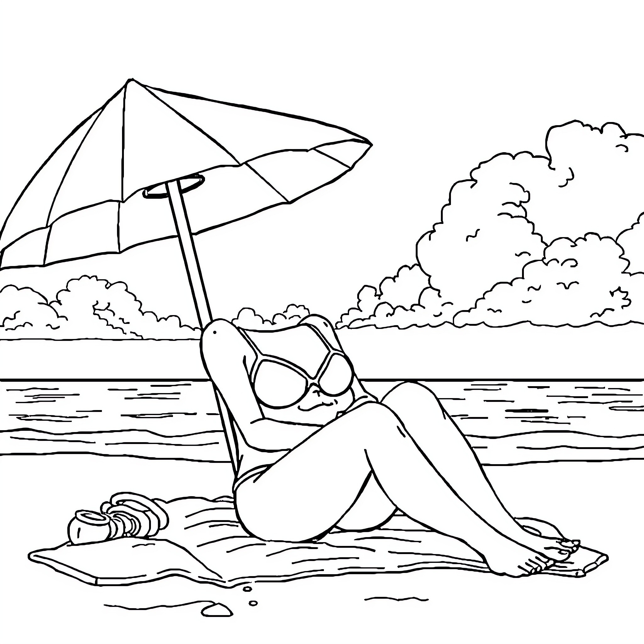 Winii relaxing under beach umbrella by the sea Coloring Page (free black-and-white line drawing printable PDF for all, from beginners to advanced learners, including children, teens, adults, and seniors)
