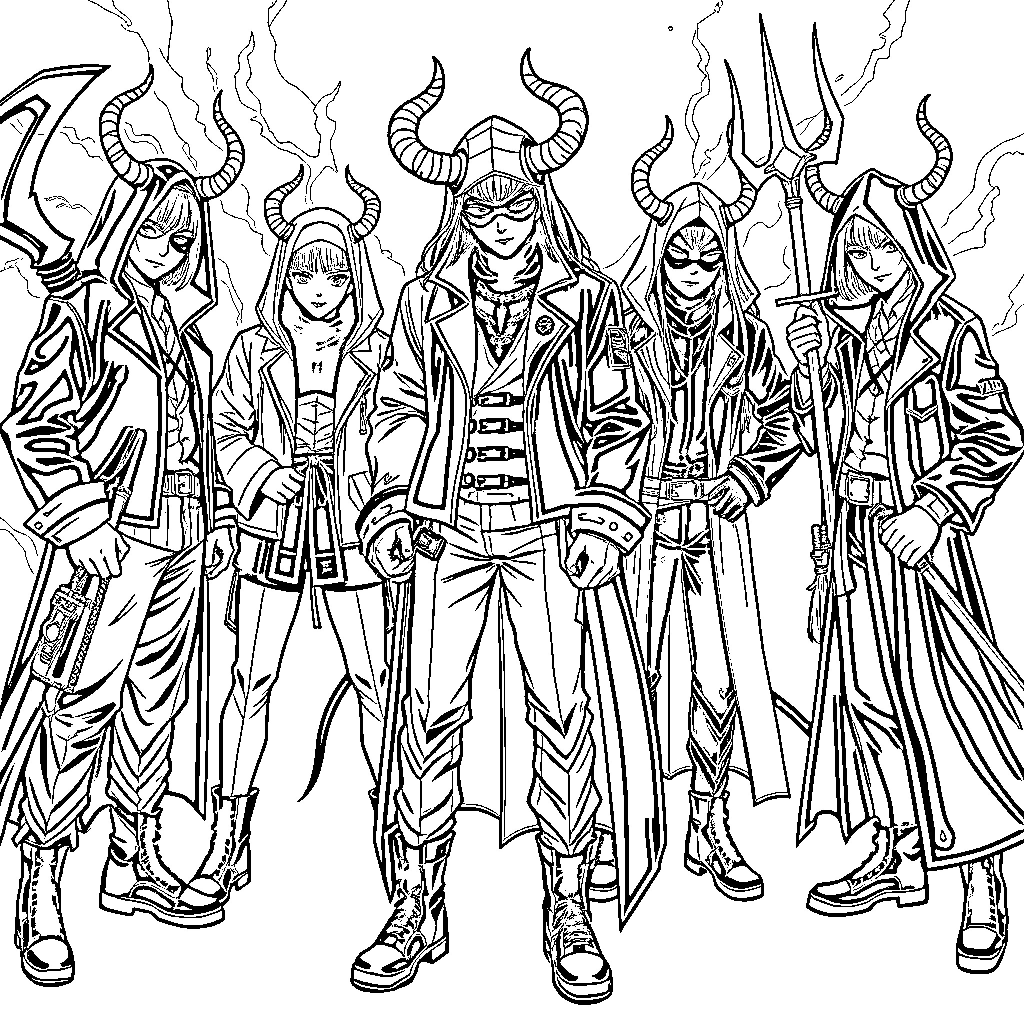 Demon Hunters Dressed in Eclectic Outfits Wielding Weapons Coloring Page (free black-and-white line drawing printable PDF for all, from beginners to advanced learners, including children, teens, adults, and seniors)