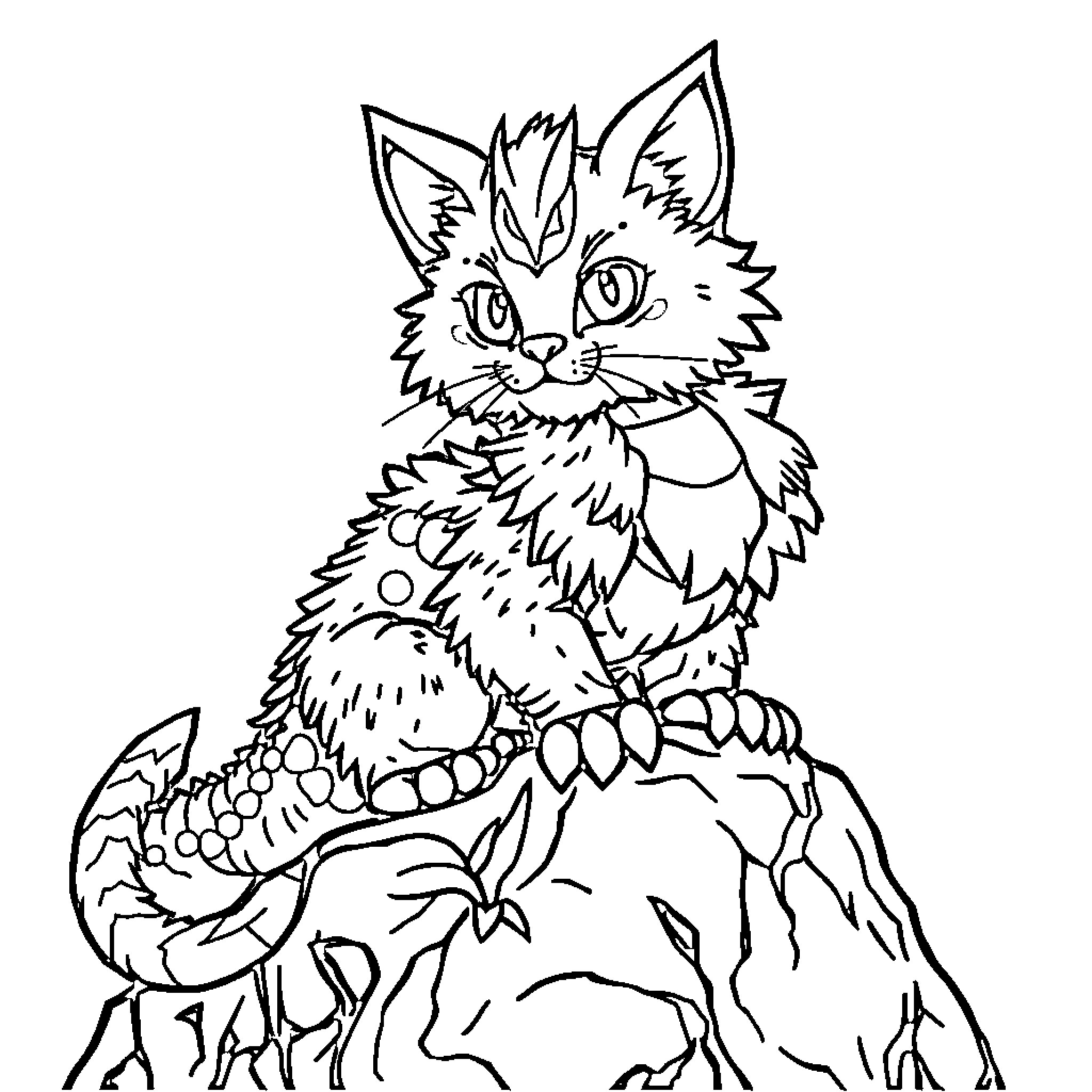 Cat Dragon Hybrid Creature in Sketch Style Coloring Page (free black-and-white line drawing printable PDF for all, from beginners to advanced learners, including children, teens, adults, and seniors)