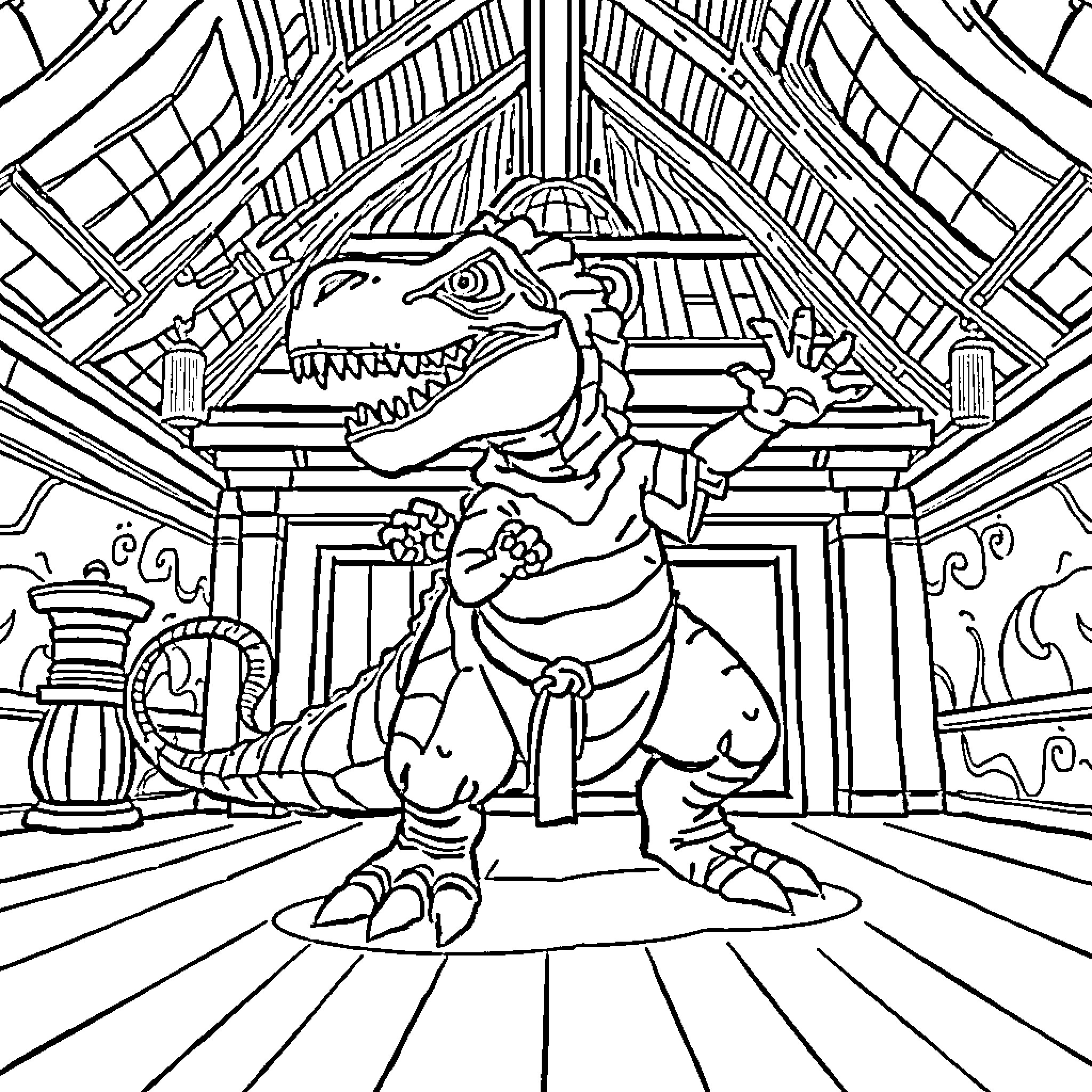 Dinosaur in a grand palace or temple Coloring Page (free black-and-white line drawing printable PDF for all, from beginners to advanced learners, including children, teens, adults, and seniors)