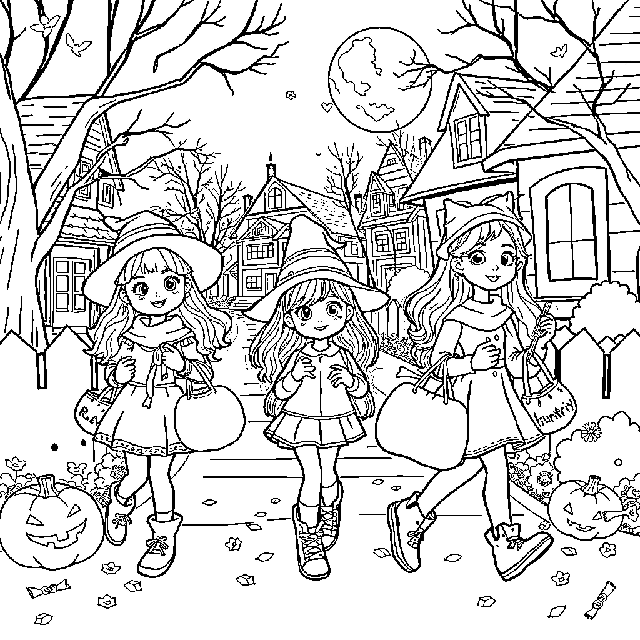 Girls enjoying Halloween festivities in the town Coloring Page (free black-and-white line drawing printable PDF for all, from beginners to advanced learners, including children, teens, adults, and seniors)