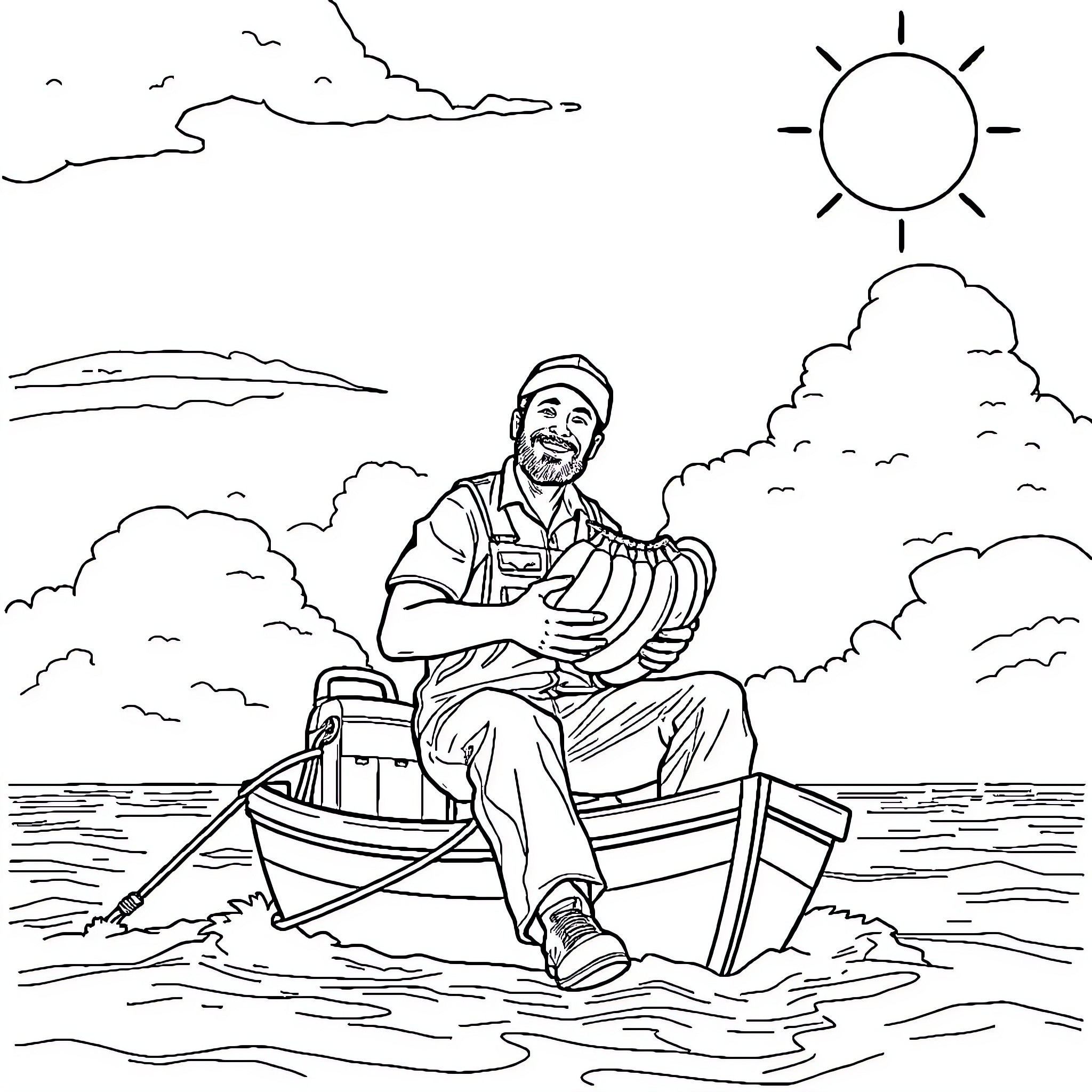 Mechanic relaxing in a boat by the lake Coloring Page (free black-and-white line drawing printable PDF for all, from beginners to advanced learners, including children, teens, adults, and seniors)