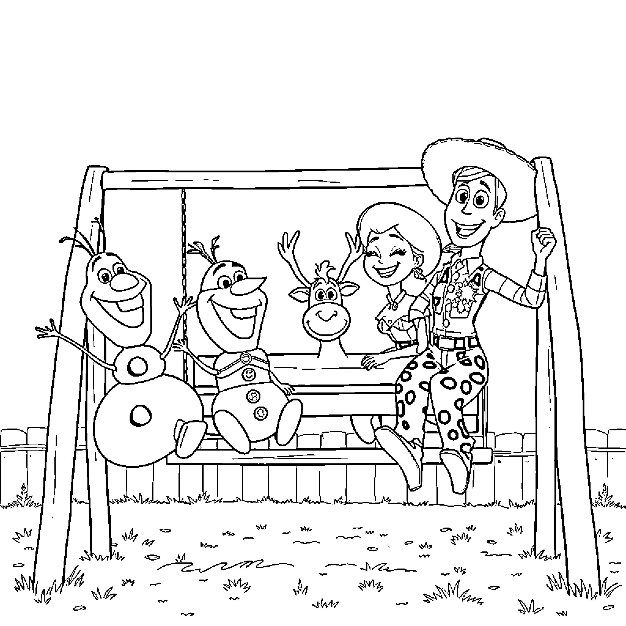 Olaf and Friends Enjoying a Fun Outdoor Adventure Coloring Page (free black-and-white line drawing printable PDF for all, from beginners to advanced learners, including children, teens, adults, and seniors)