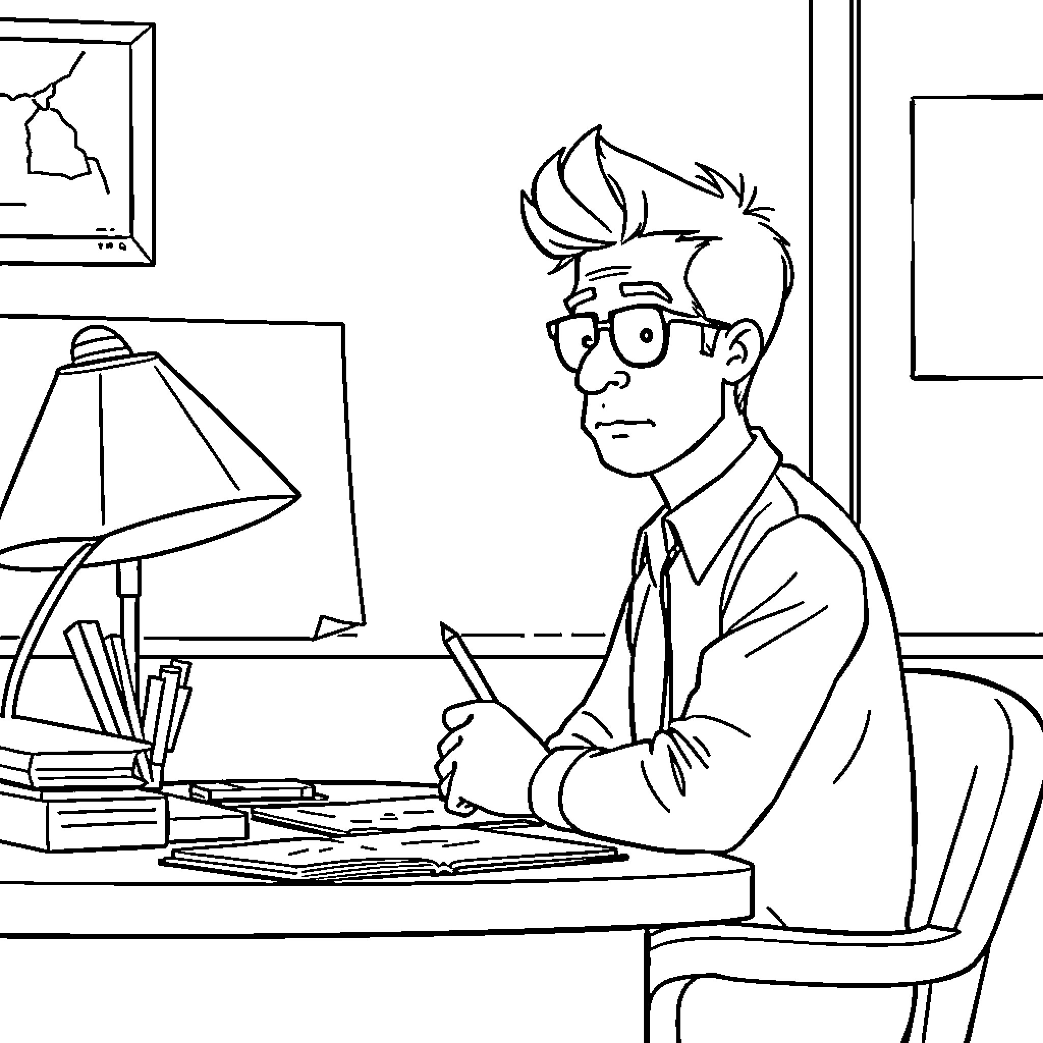 Jim Halpert diligently working at his desk Coloring Page (free black-and-white line drawing printable PDF for all, from beginners to advanced learners, including children, teens, adults, and seniors)
