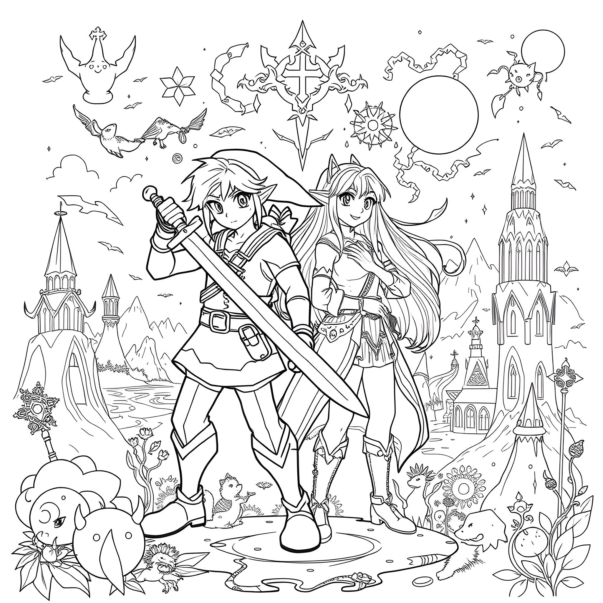 Zelda characters in a fantastical world with swords and magic Coloring Page (free black-and-white line drawing printable PDF for all, from beginners to advanced learners, including children, teens, adults, and seniors)