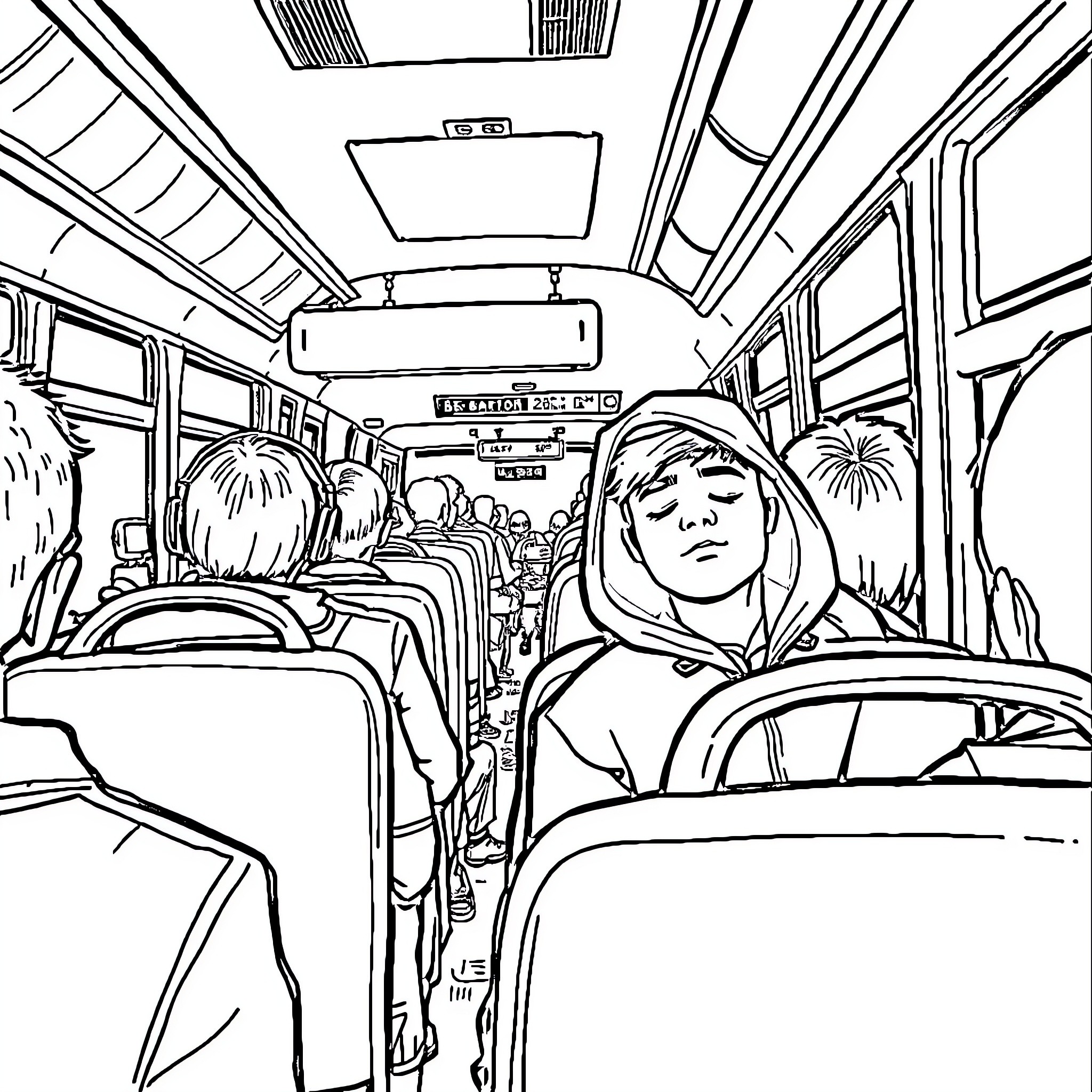 Bus full of passengers on daily commute Coloring Page (free black-and-white line drawing printable PDF for all, from beginners to advanced learners, including children, teens, adults, and seniors)