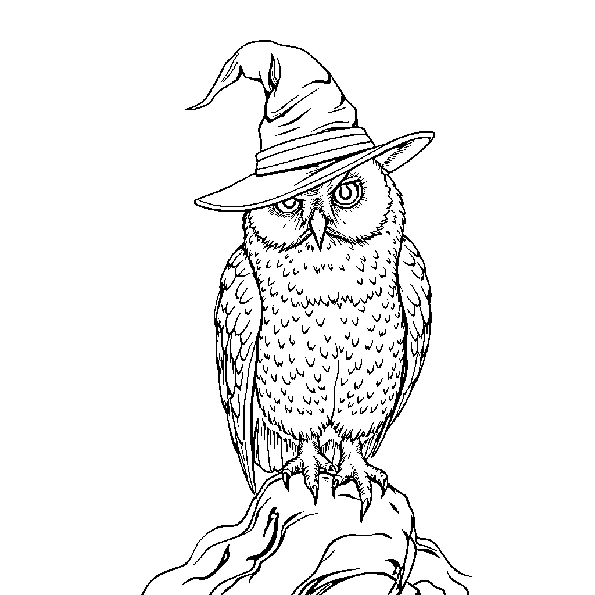Owl wearing a whimsical pointed hat Coloring Page (free black-and-white line drawing printable PDF for all, from beginners to advanced learners, including children, teens, adults, and seniors)