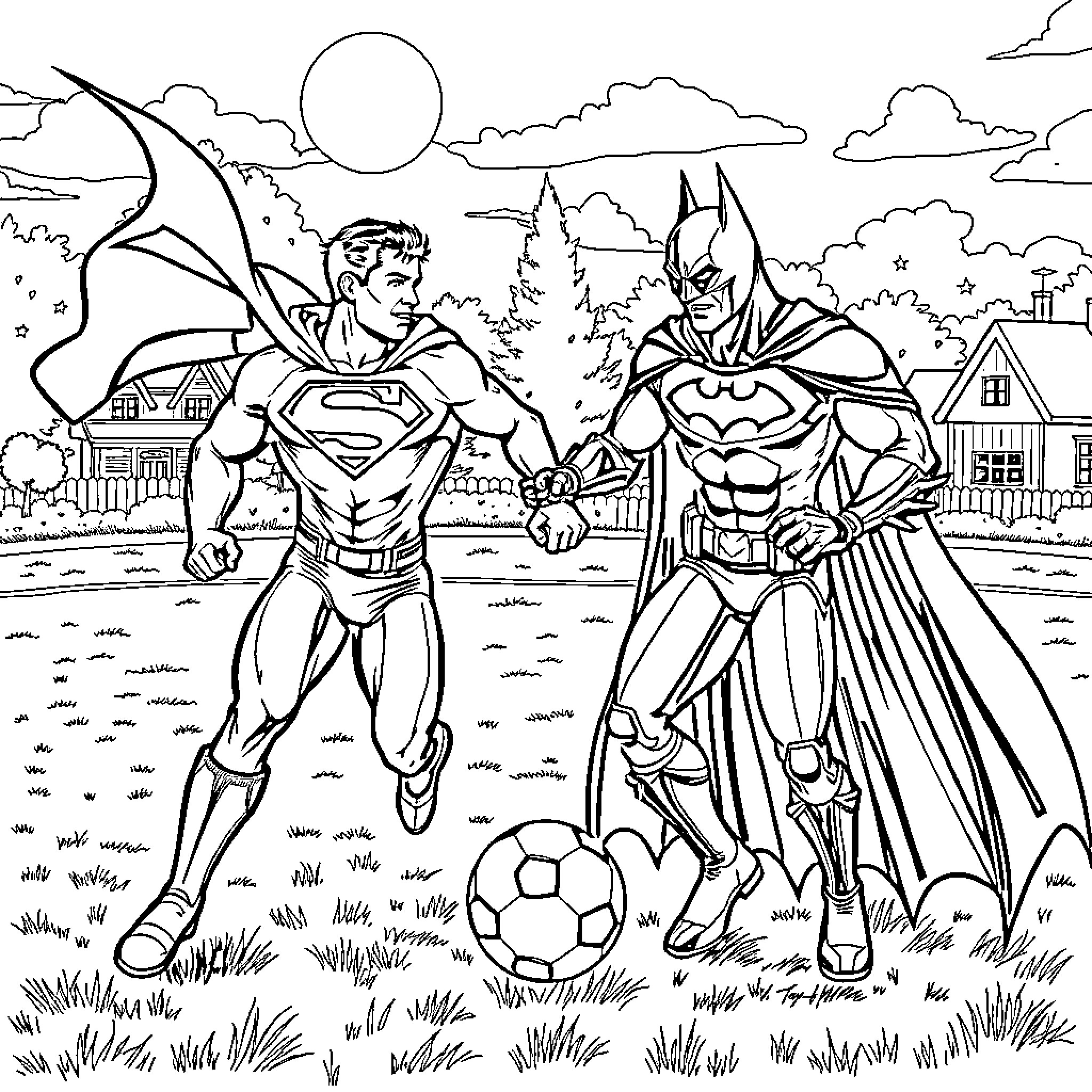 Superheroes in Action: A Heroic Showdown Coloring Page (free black-and-white line drawing printable PDF for all, from beginners to advanced learners, including children, teens, adults, and seniors)