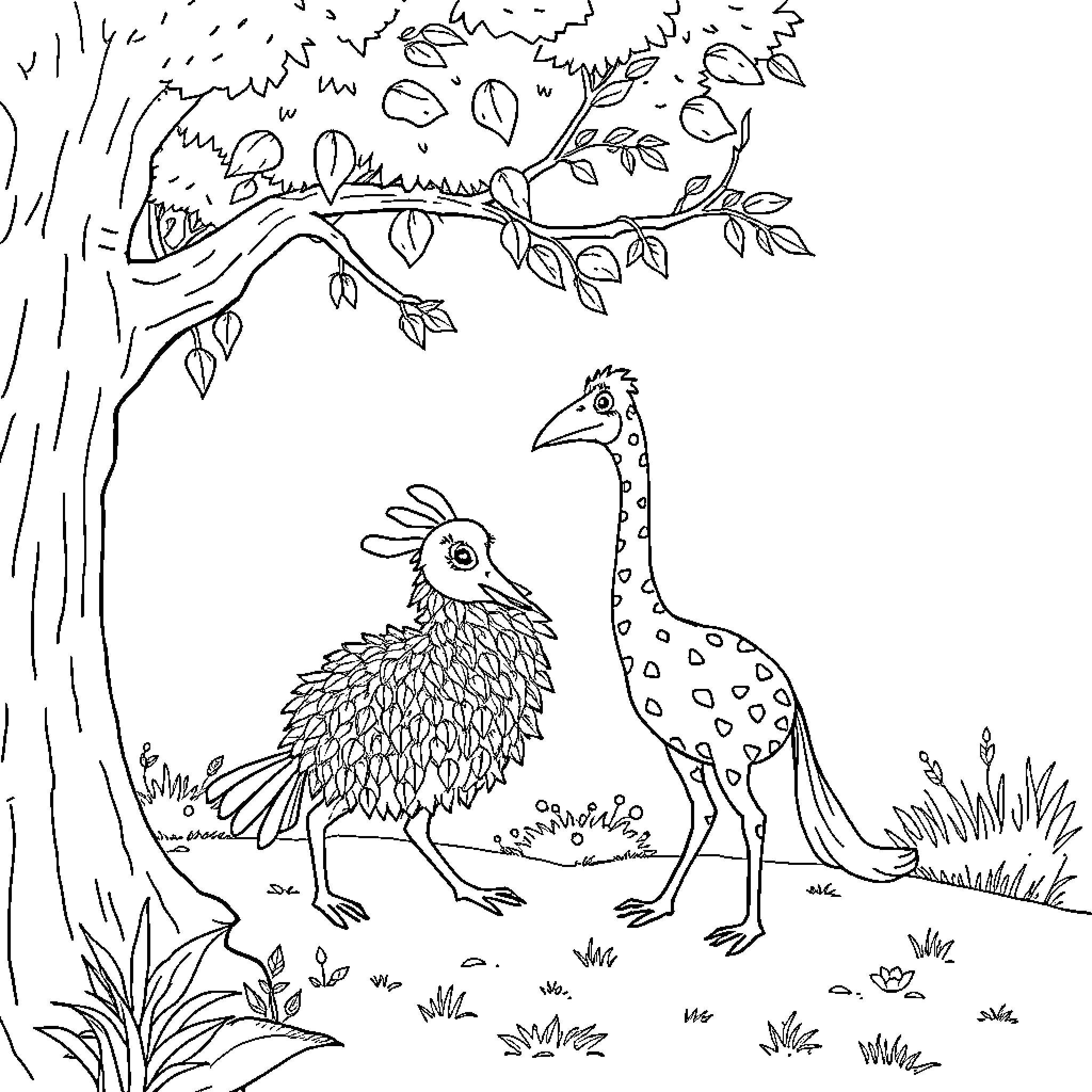 Porcupine and Giraffe in Woodland Scene Coloring Page (free black-and-white line drawing printable PDF for all, from beginners to advanced learners, including children, teens, adults, and seniors)